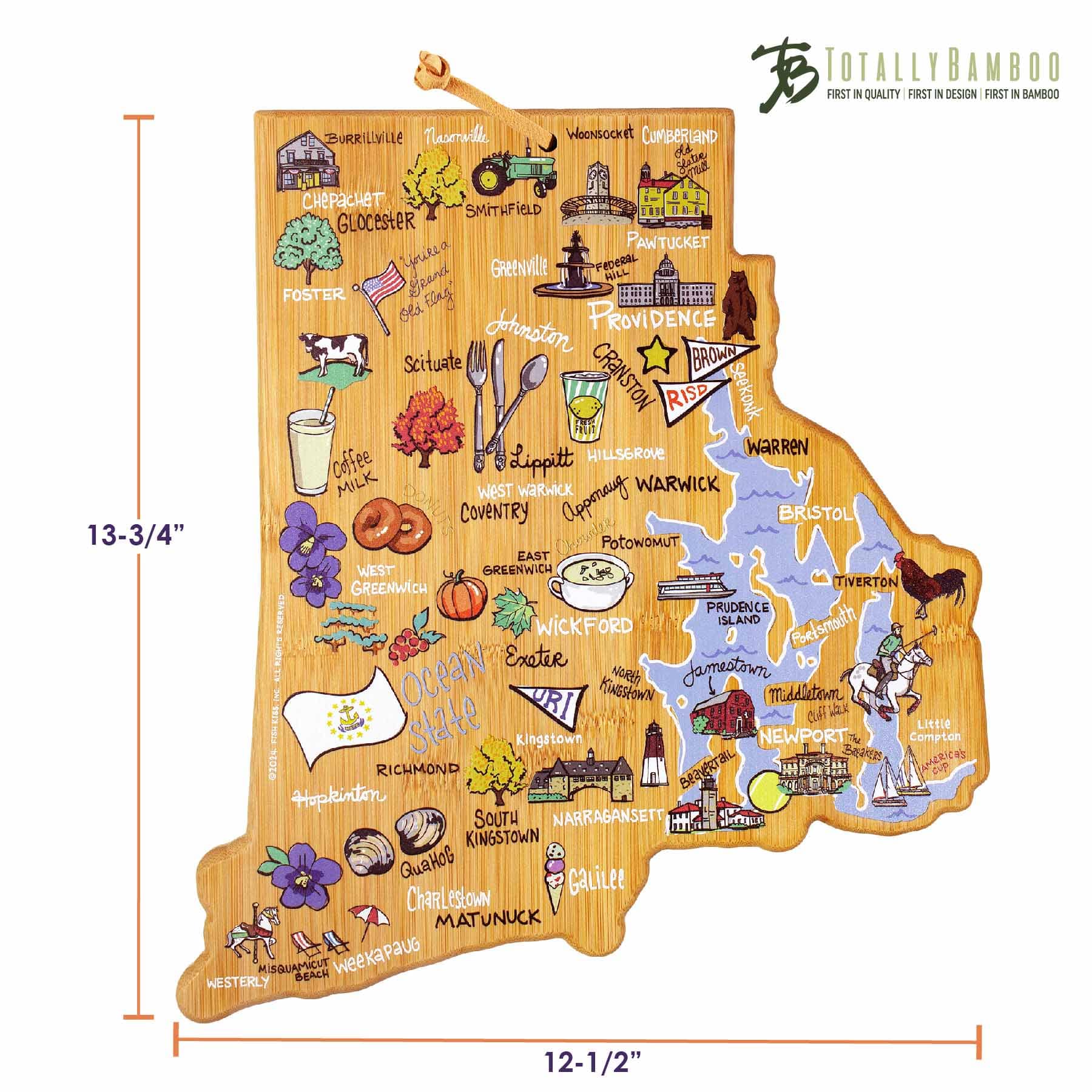 Premium Rhode Island Themed Wooden Cutting Board with Fish Kiss™ Artwork - Durable Kitchen Essential for Food Prep, Charcuterie & Serving - Perfect for Home Chefs & Gift Giving