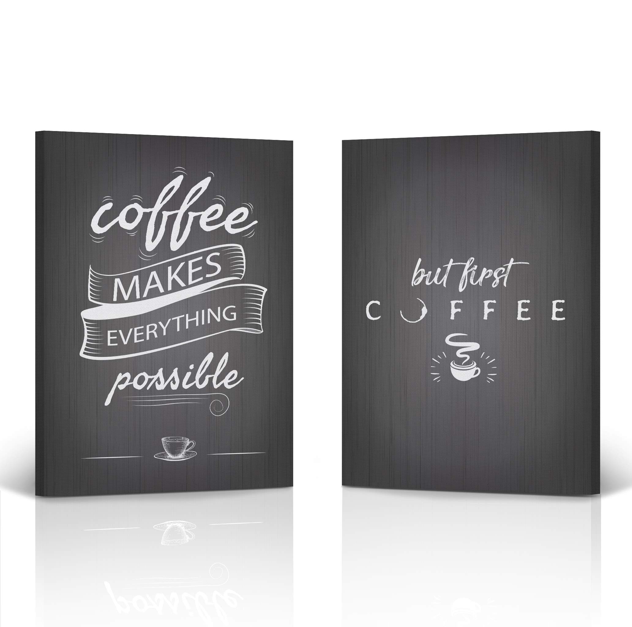 HB Art Design 'Coffee Makes Everything Possible' & 'But First Coffee' 2-Panel Canvas Print Set (40x30 inches x2) - Wall Art for Coffee Bar, Kitchen Decor, Dining Room & Coffee Shop - Perfect for Home, Office & Café Decorations