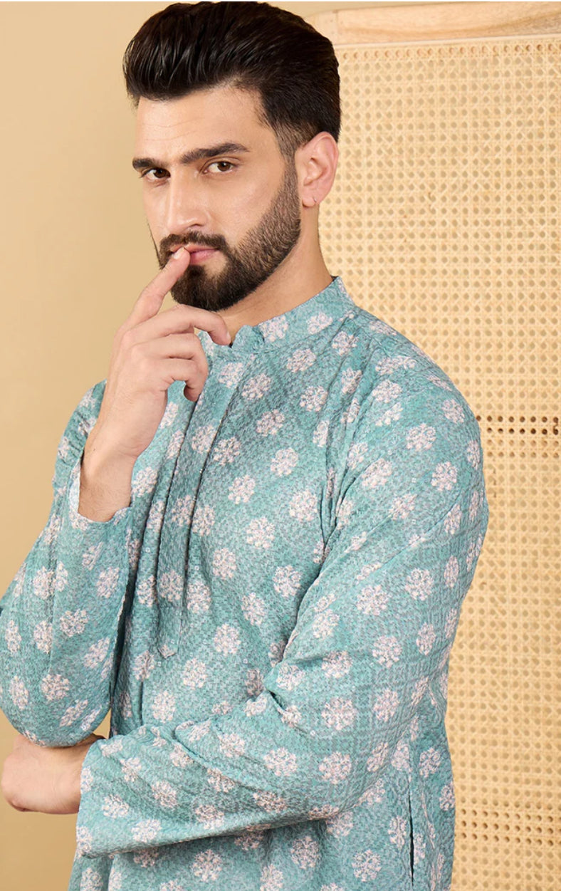 Men's Sea Green Embroidered Straight Chikankari Kurta | Traditional Indian Cotton Tunic | Perfect for Festivals, Weddings & Casual Wear