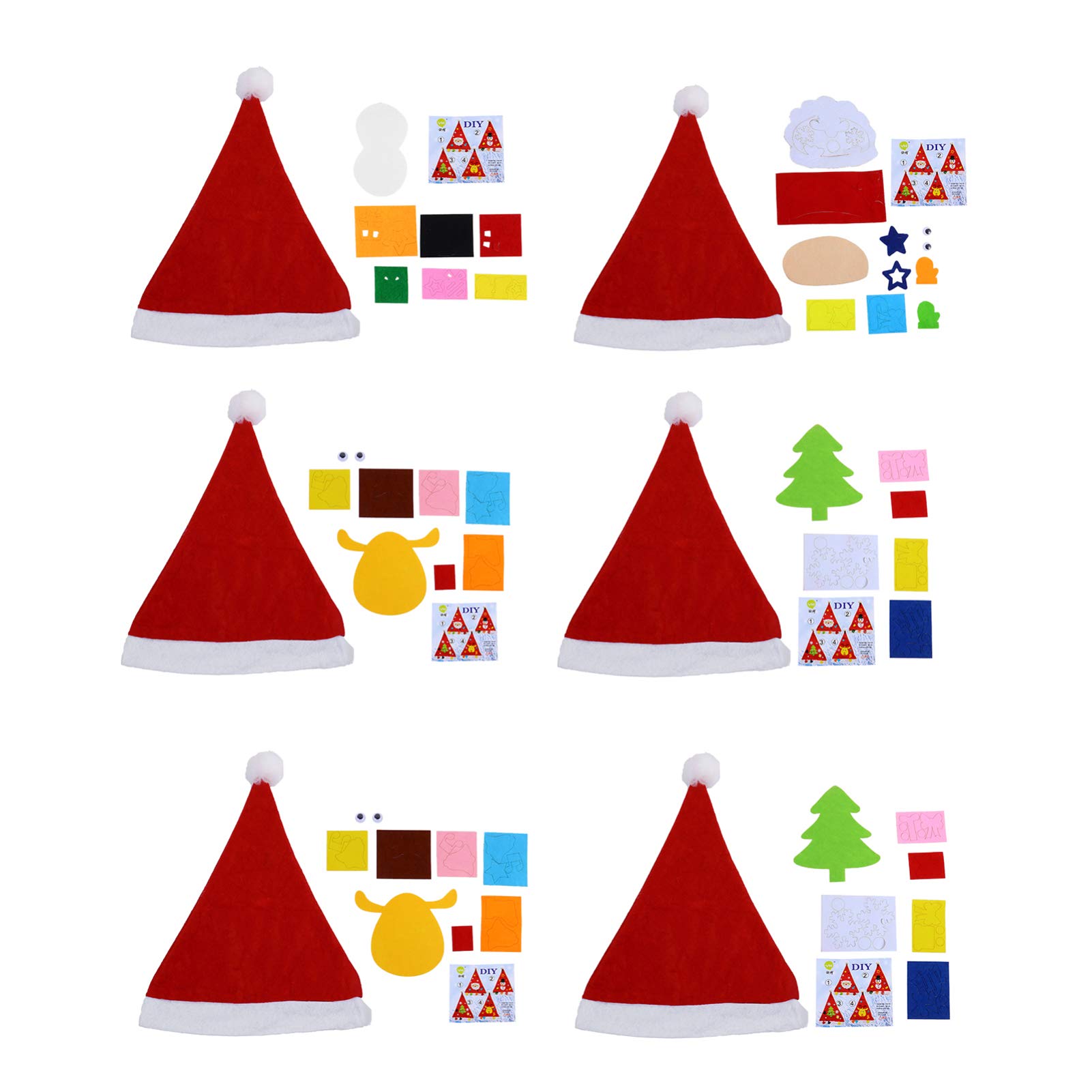 Kisangel DIY Santa Hat Kit for Kids - 6Pcs Non-Woven Fabric Christmas Craft Hats Making Set, Mixed Style Cute Santa Hats for Holiday Festival Party, School Classroom Activities & Family Christmas Decorations