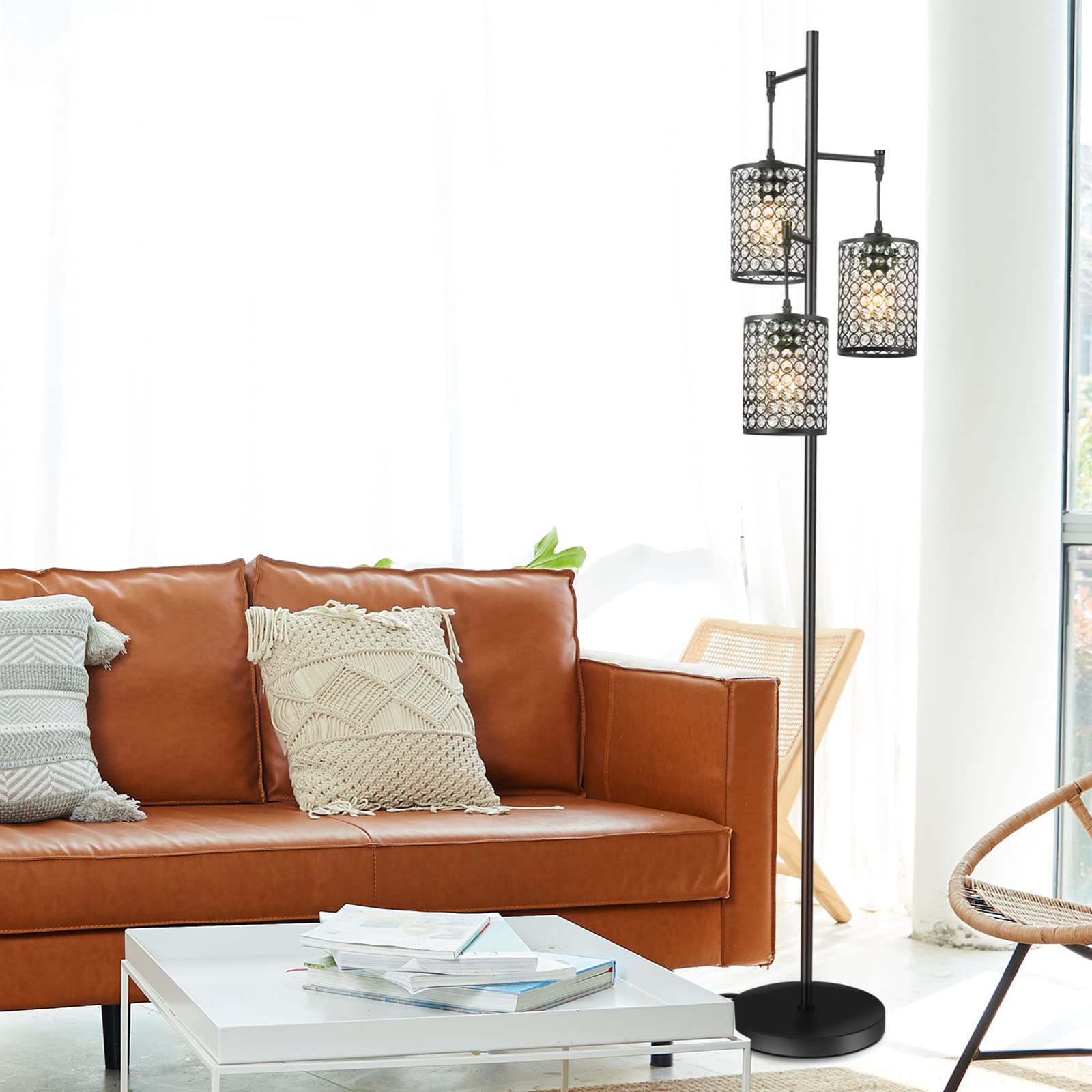 EE Eleven Master Modern 3-Light Tree Floor Lamp - Crystal Standing Lamp with On/Off Switch - Elegant Black Pole Light for Living Room, Bedroom, Office & Hotel - Perfect for Ambient Lighting and Home Decor