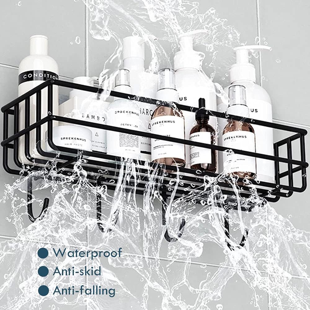 Dizgoy Adhesive Shower Caddy Shelf - Rustproof Metal Bathroom Organizer with 4 Hooks for Shampoo, Soap & Kitchen Storage - Space Saving Wall Mounted Basket (Black) - Perfect for Small Bathrooms & Apartments
