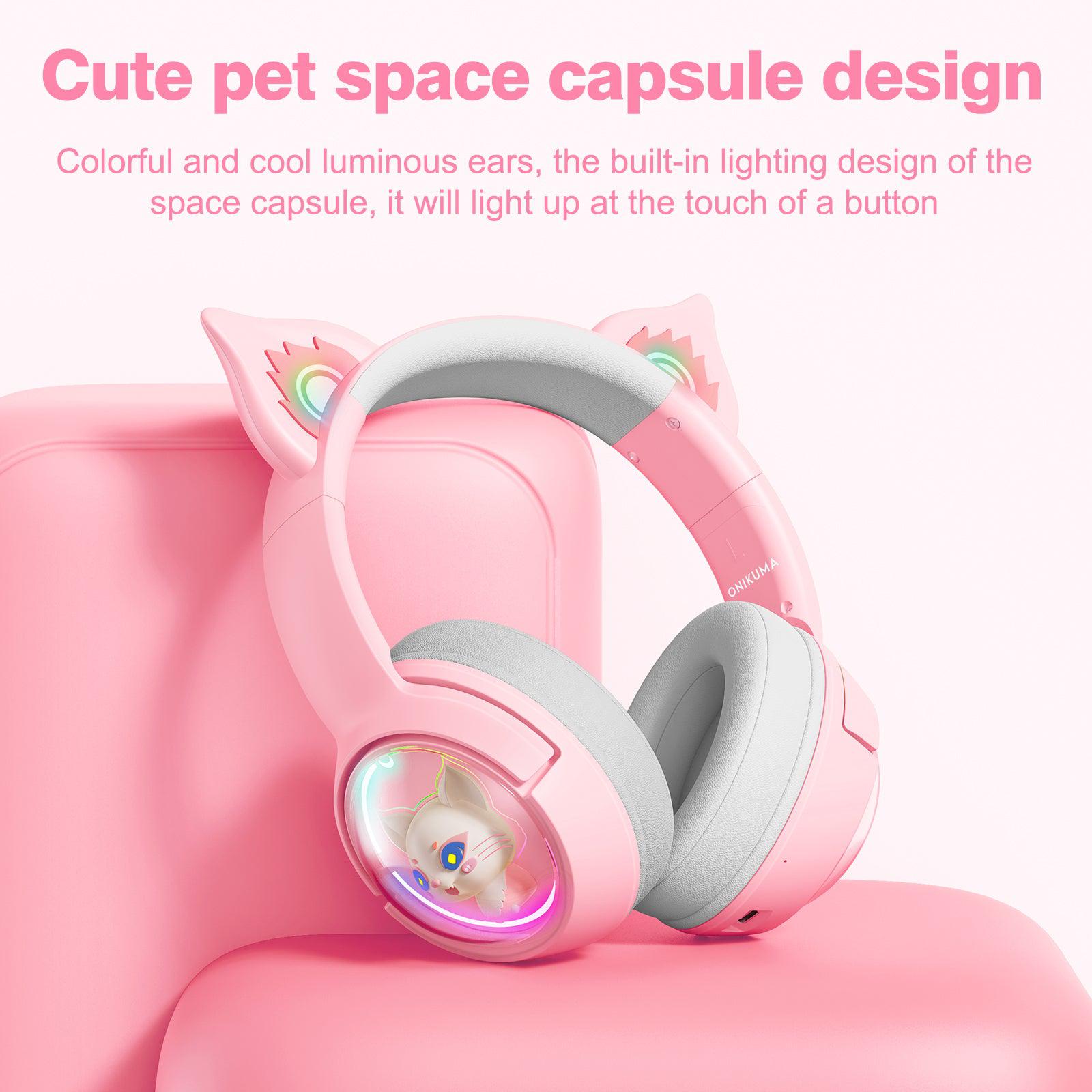 ONIKUMA B5 RGB Cat Ear Bluetooth Wireless Gaming Headset for PC, PS4, PS5, Switch - Lightweight Over-Ear Headphones with Mic for Streaming, Gaming & Music (Pink) - Perfect for Girls Gamers & Live Streamers