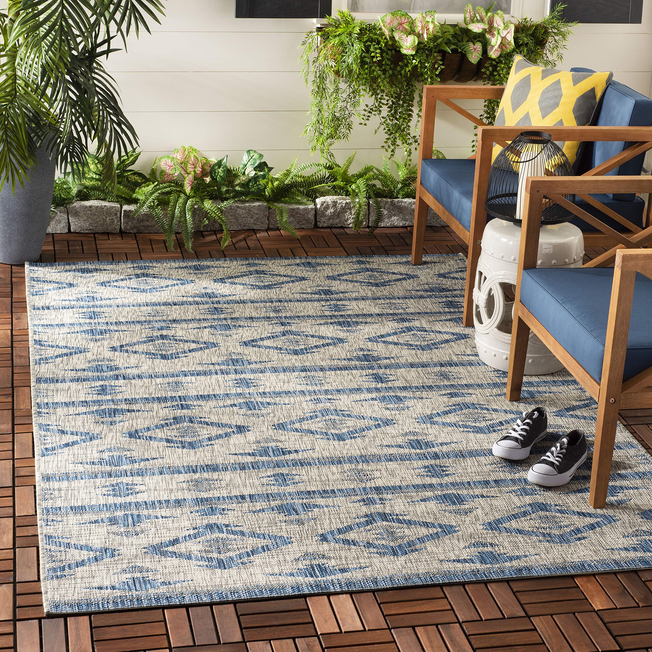 SAFAVIEH Courtyard Collection 8' x 10' Grey/Navy Indoor Outdoor Waterproof Rug - Easy to Clean, Stain Resistant for Patio, Backyard, Mudroom & High Traffic Areas