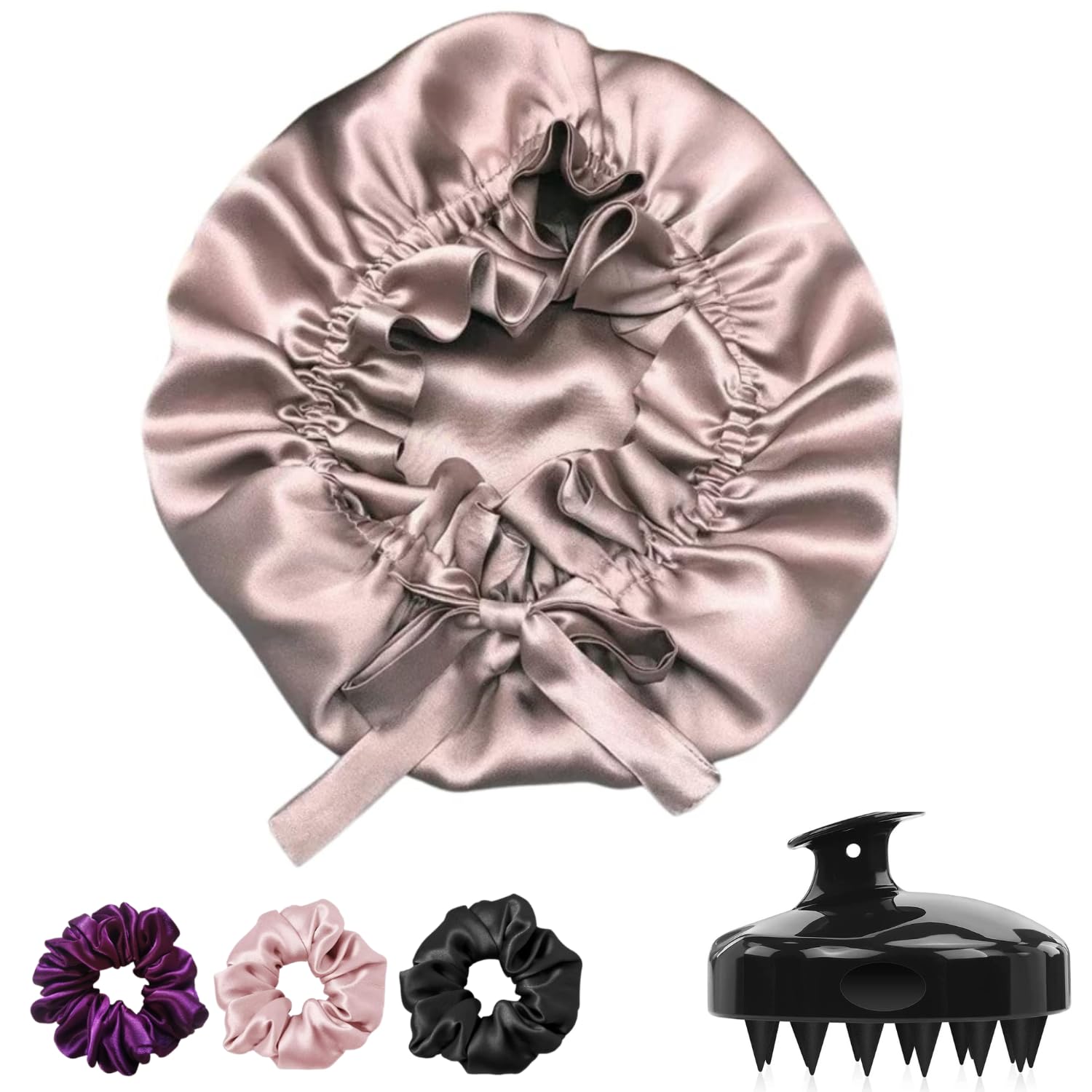 Candibella Reversible Silk Satin Hair Bonnet for Sleeping - Adjustable Satin Sleep Cap for Curly & Natural Hair - Includes Free Scalp Massager & 3 Scrunchies - Perfect for Nighttime Hair Protection & Morning Volume (Black)    **Usage Scenarios:** Ideal for overnight hair care, protecting curls while sleeping, reducing frizz, maintaining hairstyles, and promoting healthy hair growth. Great for travel, home use, and salon treatments.