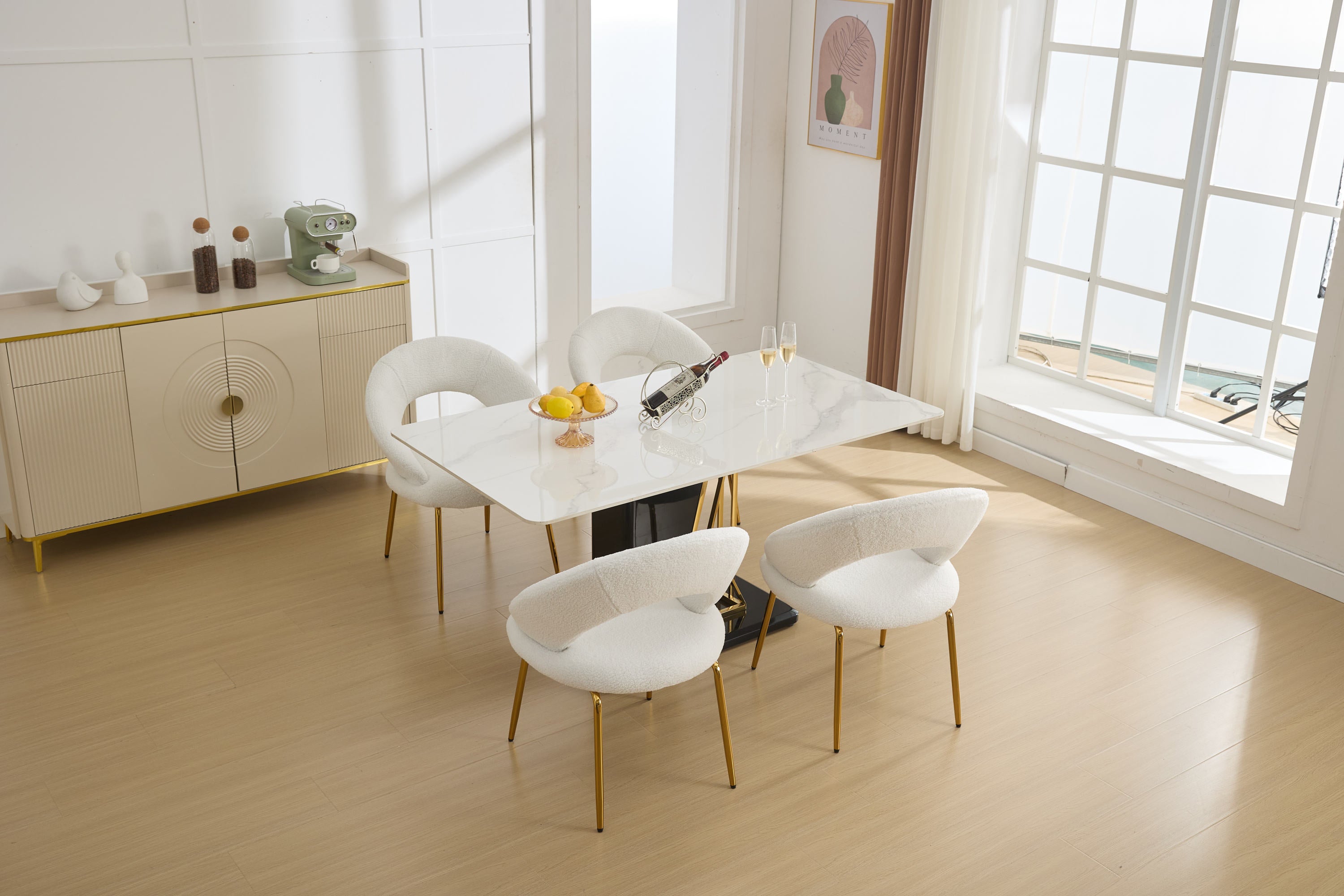 Teddy Fabric Dining Chairs Set of 1 - White Upholstered Kitchen Chairs with Curved Backrest & Gold Metal Legs for Dining Room, Breakfast Nook or Small Space Decor