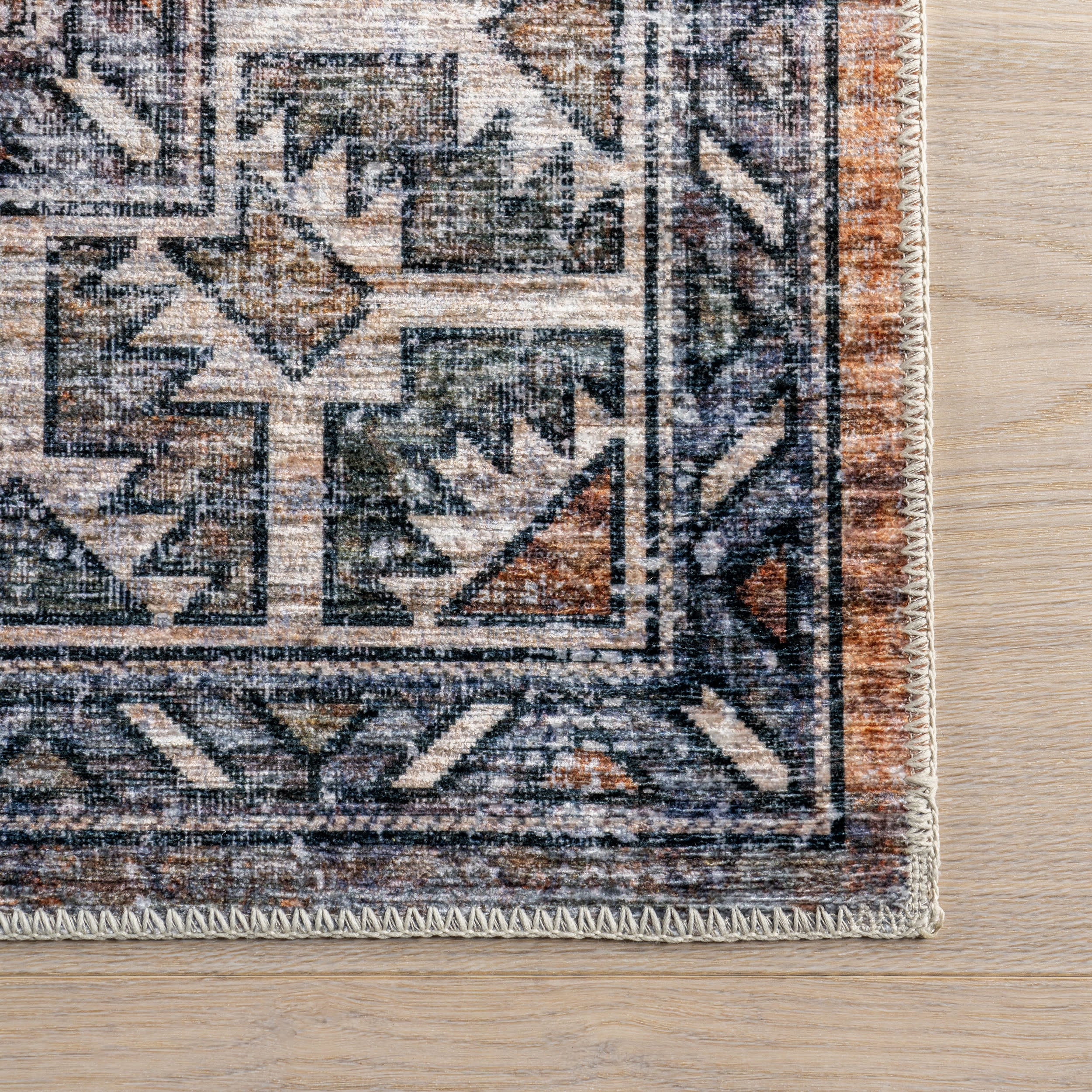 Faded Geometric Spill Proof Washable Rug | Non-Slip Living Room Rug | Rust Color Vintage Style Area Rug for Home Decor, Bedroom, Dining Room