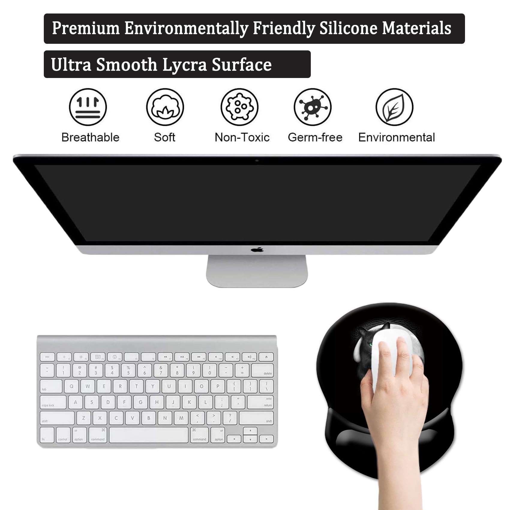 Ergonomic Mouse Pad with Wrist Support - Pain Relief & Comfort for Home, Office, Work, Study & Gaming - Non-Slip PU Base - Cute Black & White Cat Design (Perfect for Long Computer Sessions & Typing)