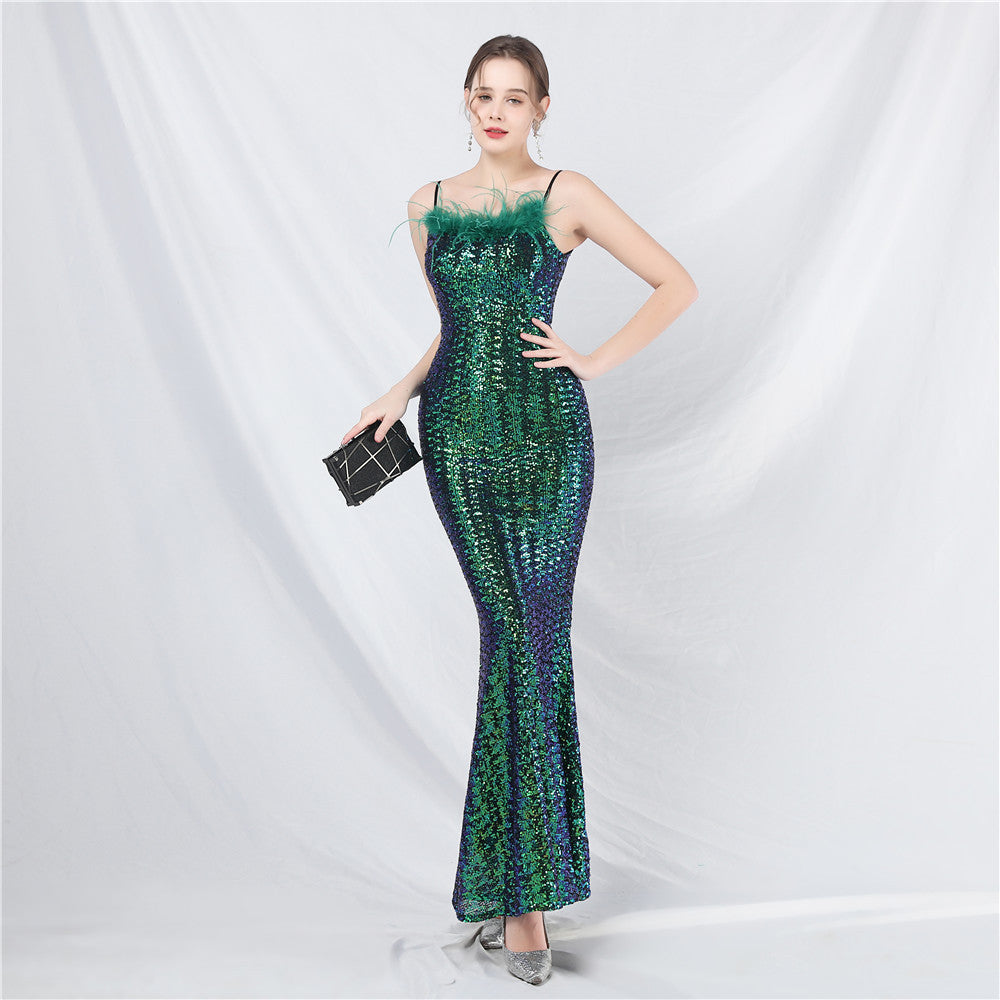 Luxury Ostrich Feather Beaded Evening Gown - Elegant Banquet & Party Dress for Women | Perfect for Galas, Weddings & Formal Events