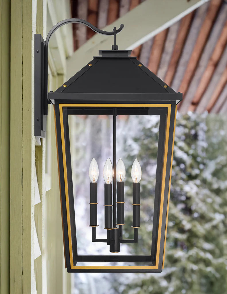 Hawkins 4-Light Outdoor Wall Sconce - 15x29.75 Inch Stainless Steel & Glass Matte Black Fixture with Textured Gold Finish - 120V E12 Candelabra Base LED Bulb Sockets - Perfect for Patio Lighting, Garden Decor, and Exterior Wall Illumination