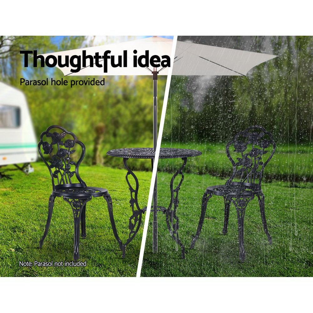 3-Piece Outdoor Bistro Set with Cast Aluminum Table and Chairs in Rose Black - Perfect for Patio, Garden, and Backyard Dining