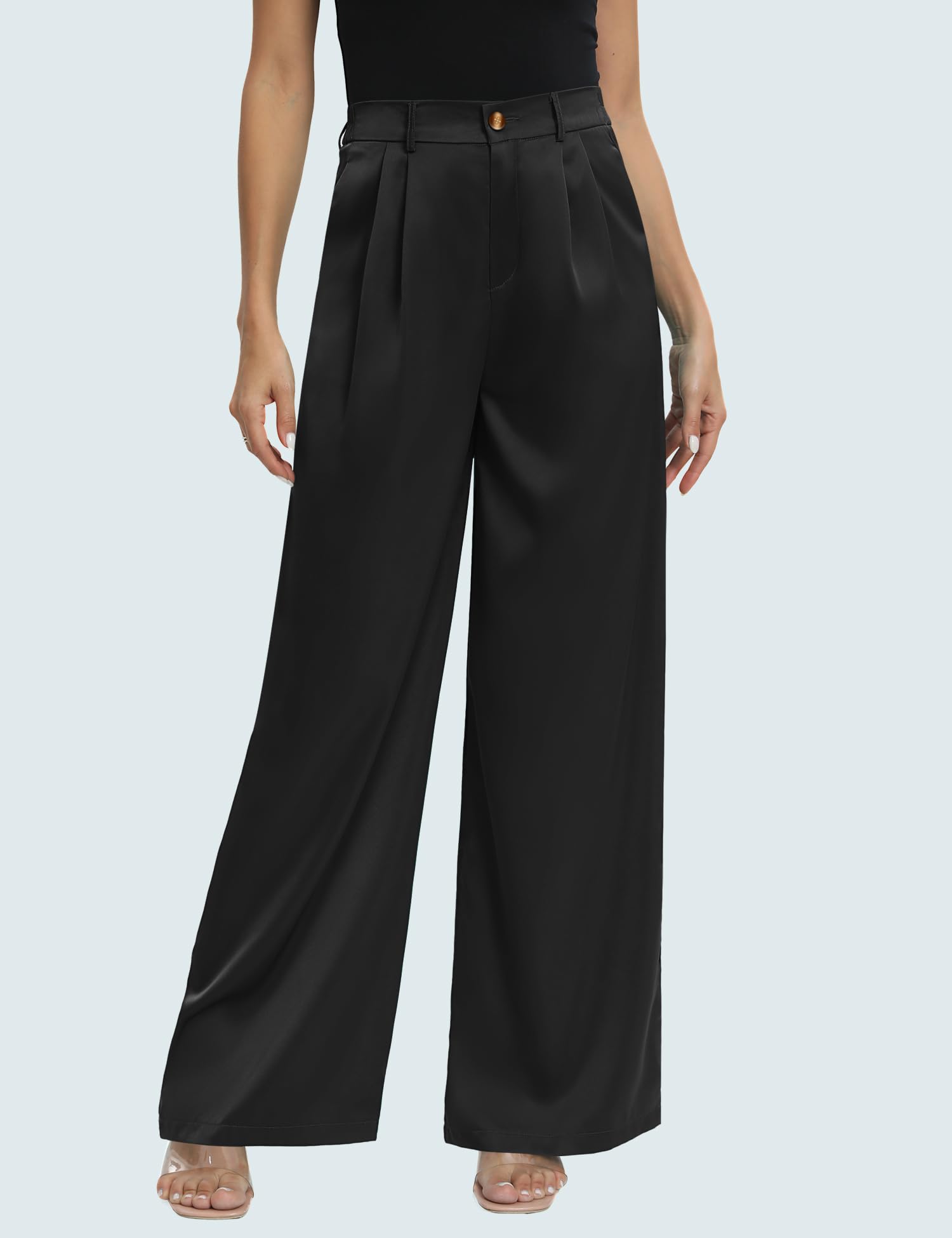 Women's High Waist Satin Dress Pants - Button Front Wide Leg Straight Work Trousers with Pockets | Office Wear, Business Casual & Formal Occasions