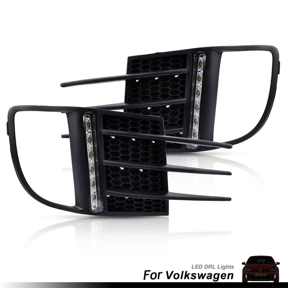2Pcs White LED DRL Daytime Running Lights Assembly for Volkswagen Golf 6 GTI - LED Parking Light & Position Lamp with OEM Fog Bezel Covers | Upgrade Your Headlights for Enhanced Visibility & Style