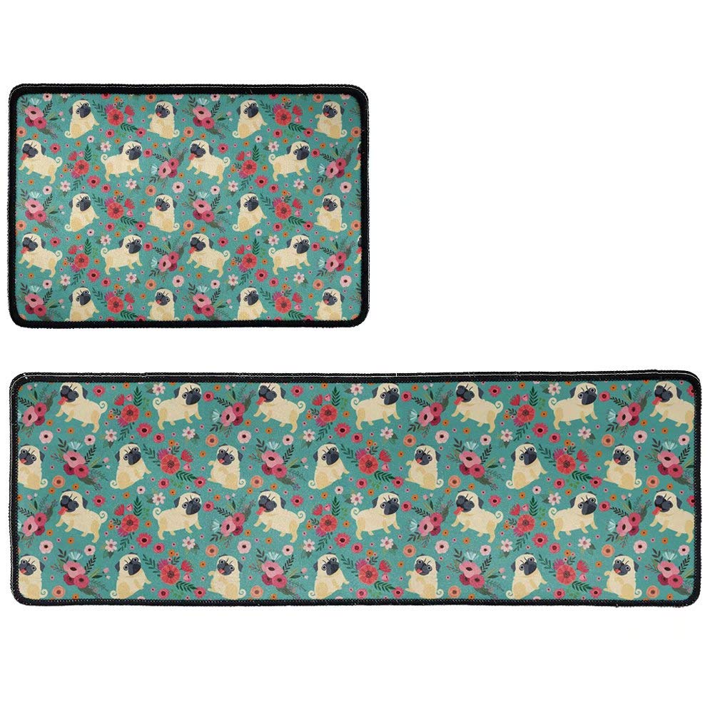 **Vintage Pug Dogs Kitchen Mat Set - Anti-Fatigue, Non-Slip, Waterproof Cushioned Floor Mats (Set of 2) - Soft Washable Rugs for Kitchen, Bathroom, Entryway & High-Traffic Areas - Green**