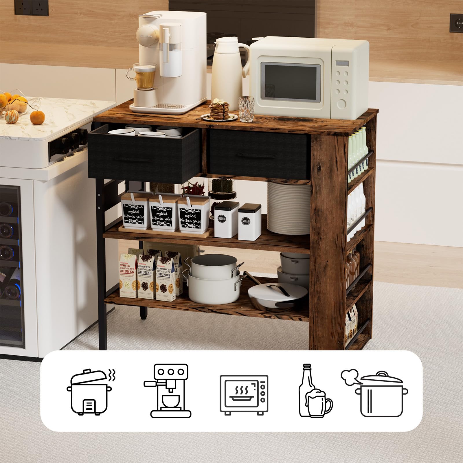 Modern Kitchen Island with Open Storage Shelves & Power Outlet - Rustic Brown Bar Table with Spice Rack | Perfect for Small Kitchens, Breakfast Nooks & Entertaining Guests
