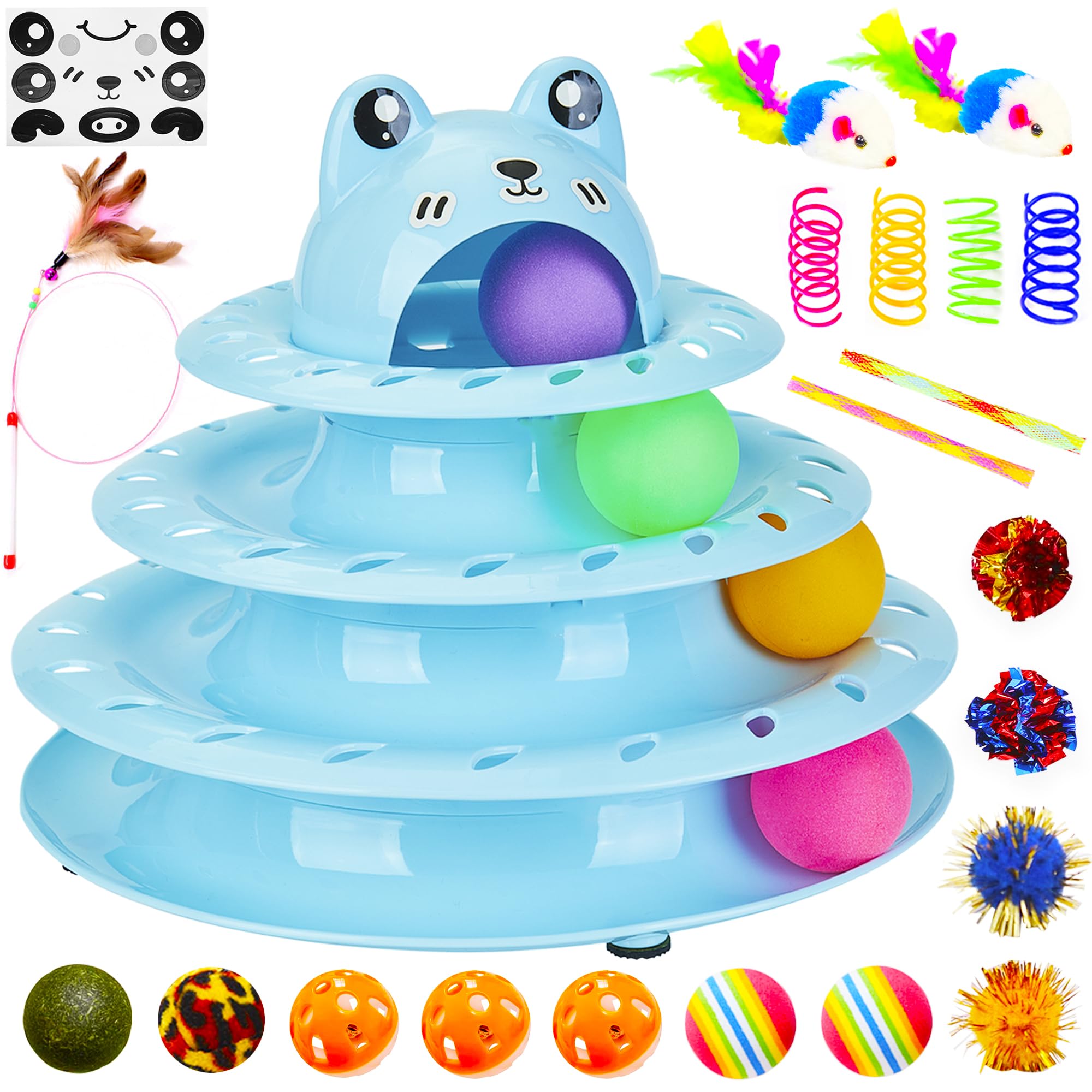 Gefryco 26pcs Interactive Cat Toys Roller with 4-Level Turntable, Self-Play Kitten Puzzle Toy Track & Colorful Balls, Fun Kitty Exercise Set for Indoor Cats (Blue) – Perfect for Playtime & Mental Stimulation