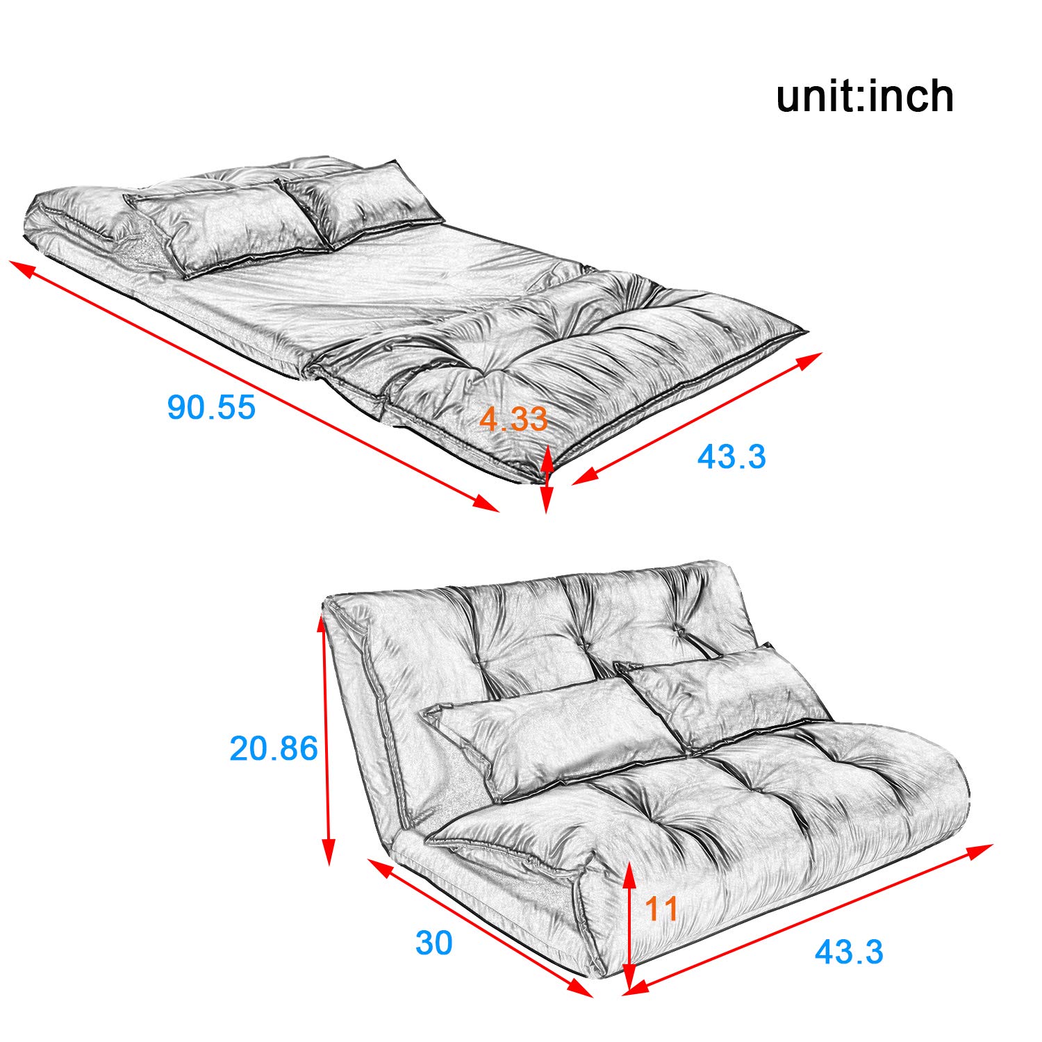 YSKWA Adjustable Floor Couch Sofa - 5 Reclining Positions, Foldable Chaise Lounge with 2 Pillows - Leather Floor Mattress for Living Room, Bedroom & Dorm - Perfect for Relaxing, Reading & Watching TV (Black)
