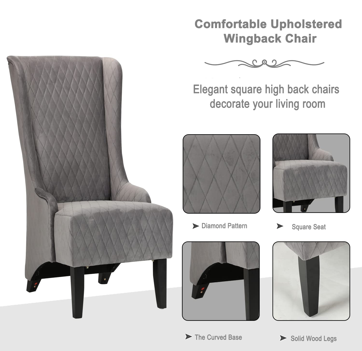 Luxury Velvet Wingback Accent Chair with Tufted Design & Solid Wood Legs - Modern Living Room Armchair for Home Office, Bedroom or Reading Nook - Grey Upholstered High Back Comfort Chair (Fabric Sofa Chair)