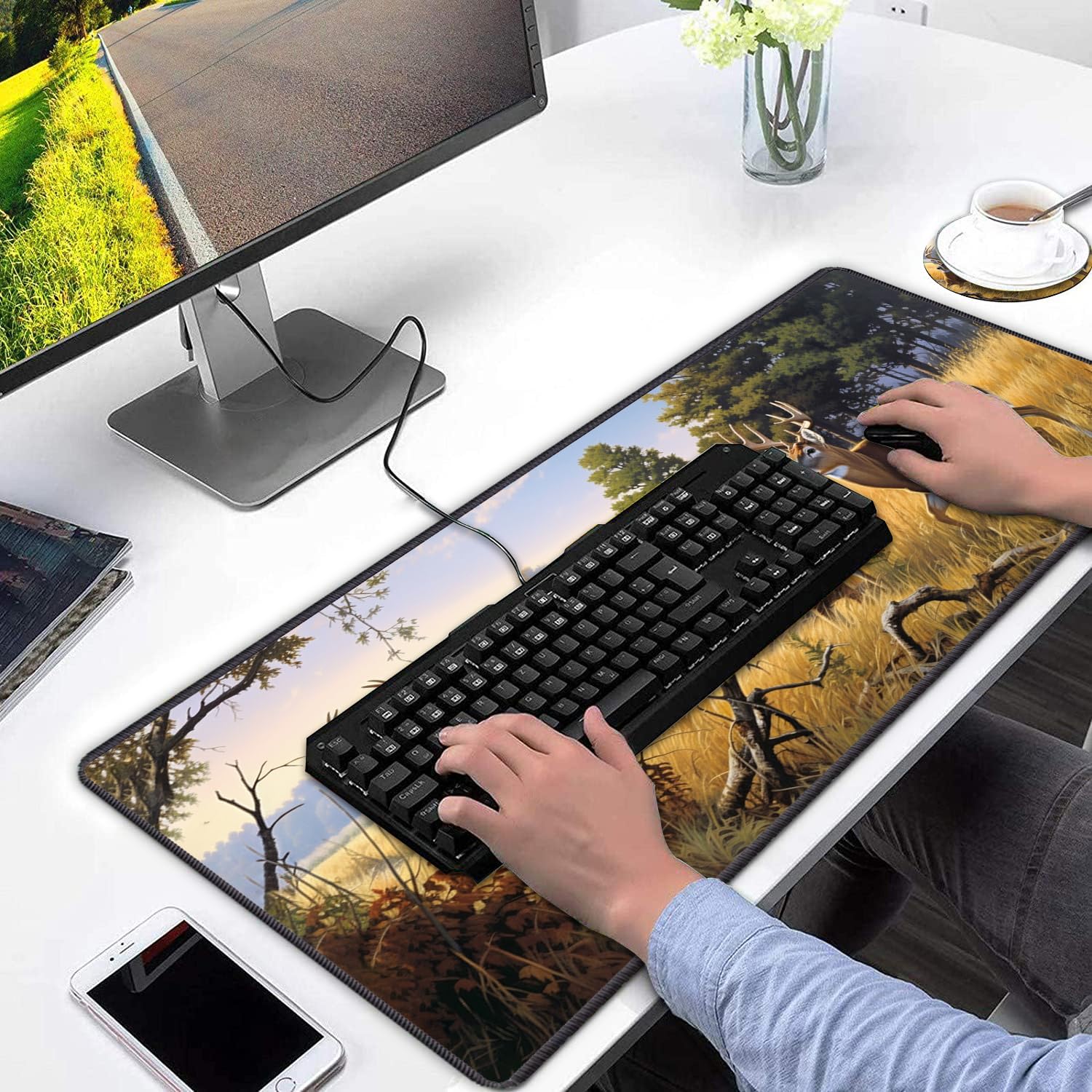 Large Extended Gaming Mouse Pad with Non-Slip Rubber Base - XXL Keyboard & Mouse Mat for PC, Laptop, Office & Study | Includes Free Cup Coaster (Deer Design) - Perfect for Gamers, Work & Home Office Setup