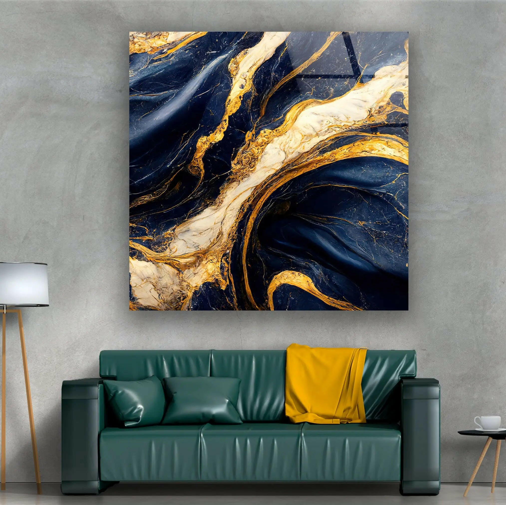 Abstract Marble Dark Blue and Gold Glass Wall Art - Modern Home Decor for Living Room, Bedroom & Office - Elegant Handmade Glass Painting for Wall Display