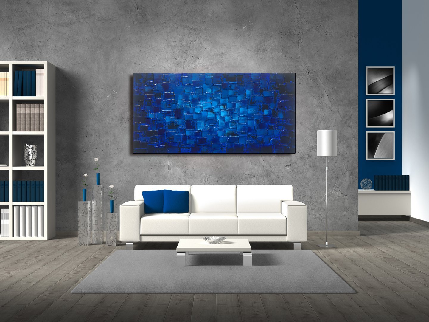 Large Abstract Dark Blue Square Wall Art - Hand Painted Textured Oil Painting on Canvas (60x30 inches) Ready to Hang - Perfect for Living Room, Bedroom & Office Decor