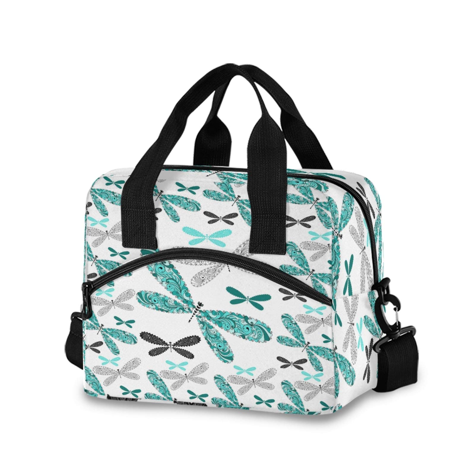 Vintage Dragonflies Insulated Lunch Bag - Leakproof Cooler Lunchbox with Adjustable Shoulder Strap, Reusable Tote for Work Travel & Picnic | Turquoise Black White Design