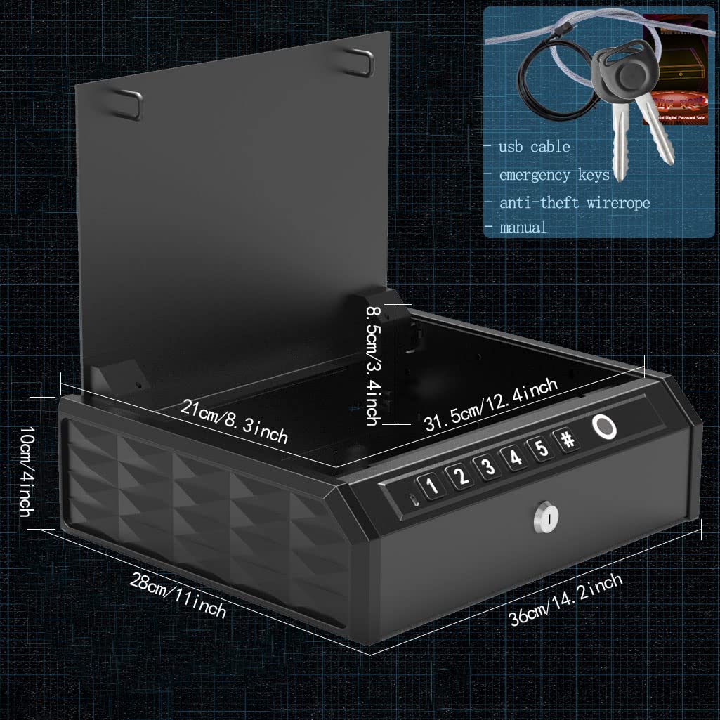 WASJOYE Biometric Gun Safe Box - Quick Access Fingerprint & Keypad Handgun Safe for Pistols, Home & Nightstand Security - Perfect for Bedside Drawer, Office, and Vehicle Storage