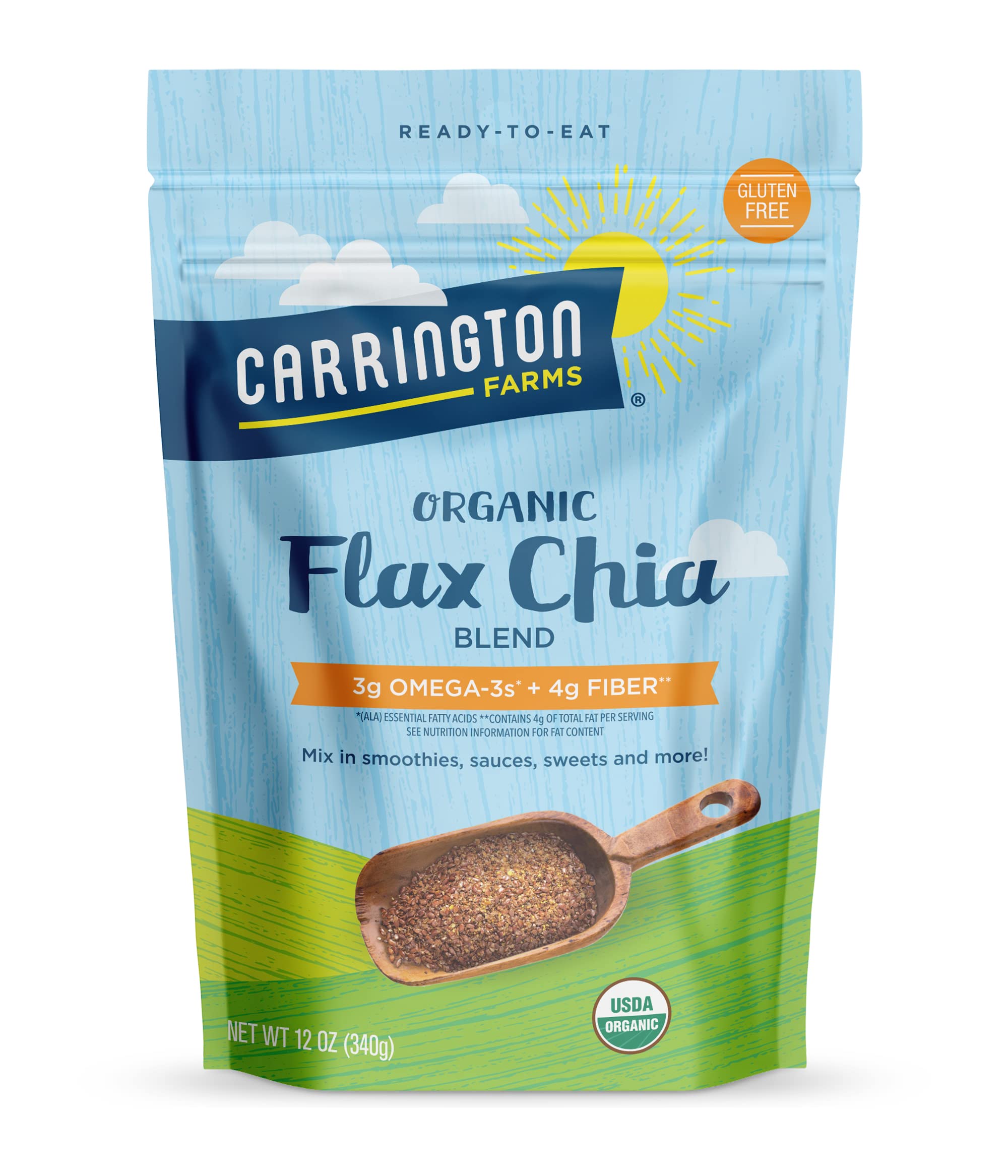 Organic Flax Chia Blend by Carrington Farms - Gluten Free, Non-GMO, USDA Certified (12oz) - Perfect for Smoothies, Yogurt & Baking