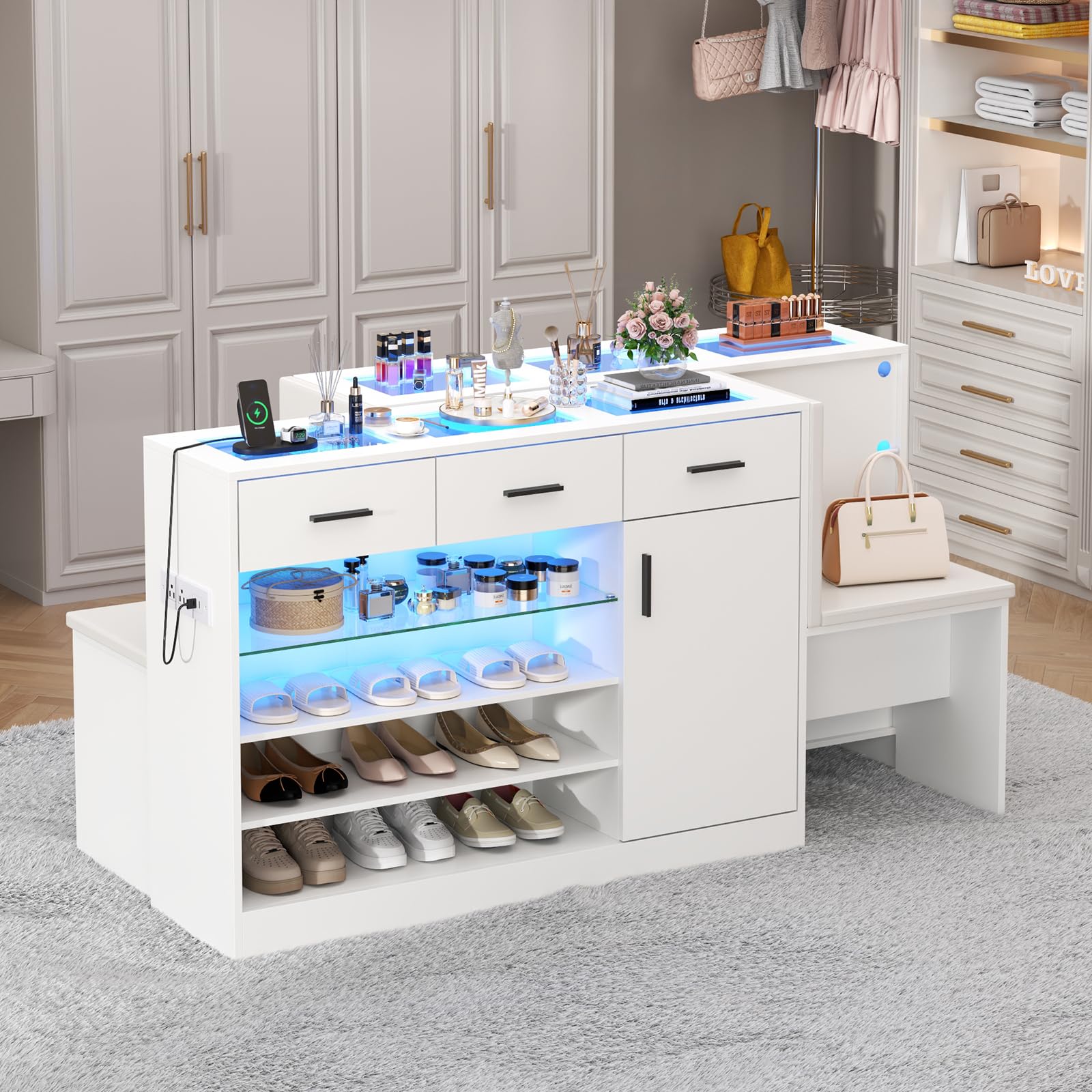 Modern Wardrobe Armoire with USB Charging & LED Lighting - 3-Door Closet with Glass Showcase, 3 Drawers & Storage Bench - Walk-in Closet Organizer for Bedroom, Dressing Room & Retail Stores (White) | Perfect for Home Organization & Boutique Display