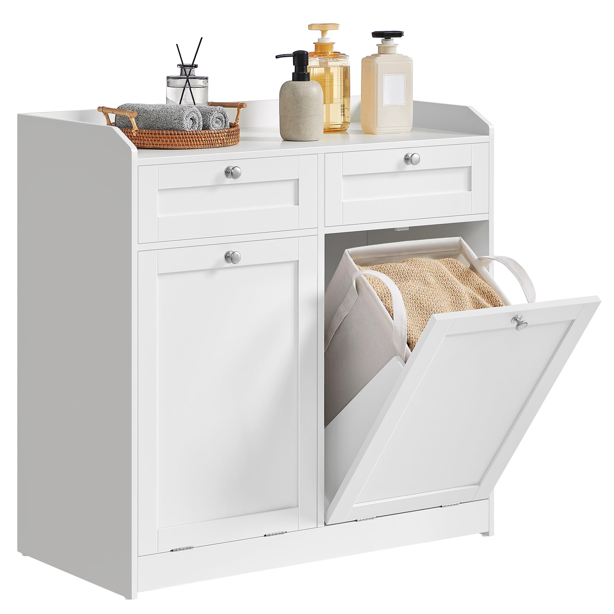 VASAGLE Freestanding Bathroom Laundry Storage Cabinet with 2 Drawers & 2 Tilt-Out Baskets, Hidden Hampers, White Storage Organizer for Bathroom, Laundry Room, Closet (31.1