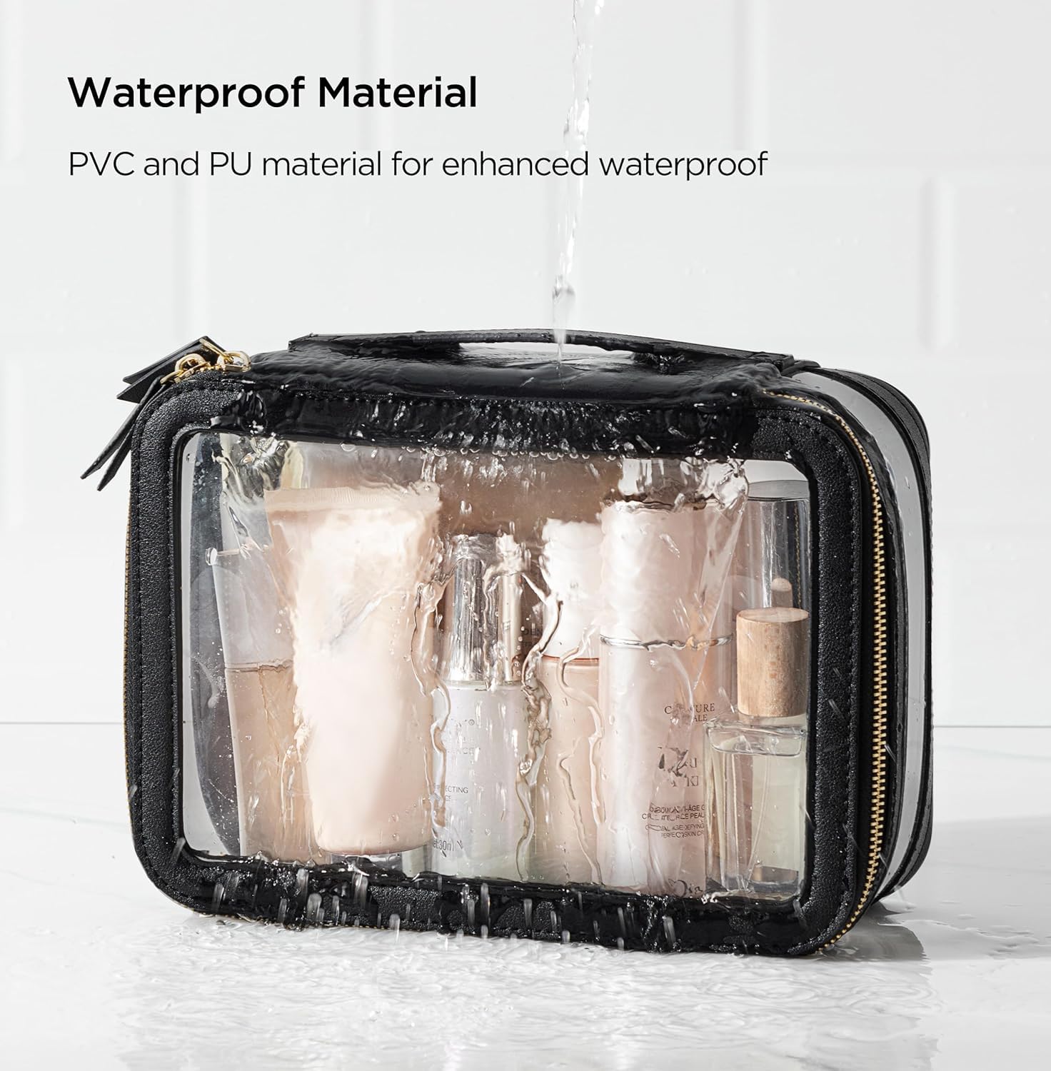 2 Pack Clear Waterproof Makeup Bag for Women - Travel Cosmetic Organizer Pouch, Portable Toiletry Bag for Makeup Brushes & Essentials (Black) - Perfect for Gym, Travel & Daily Use