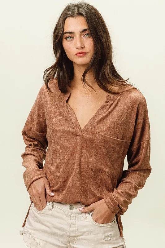 BiBi Loop Terry Solid V-Neck Pocket Top for Women - Soft Casual T-Shirt with Pocket - Perfect for Everyday Wear, Lounge, and Outings