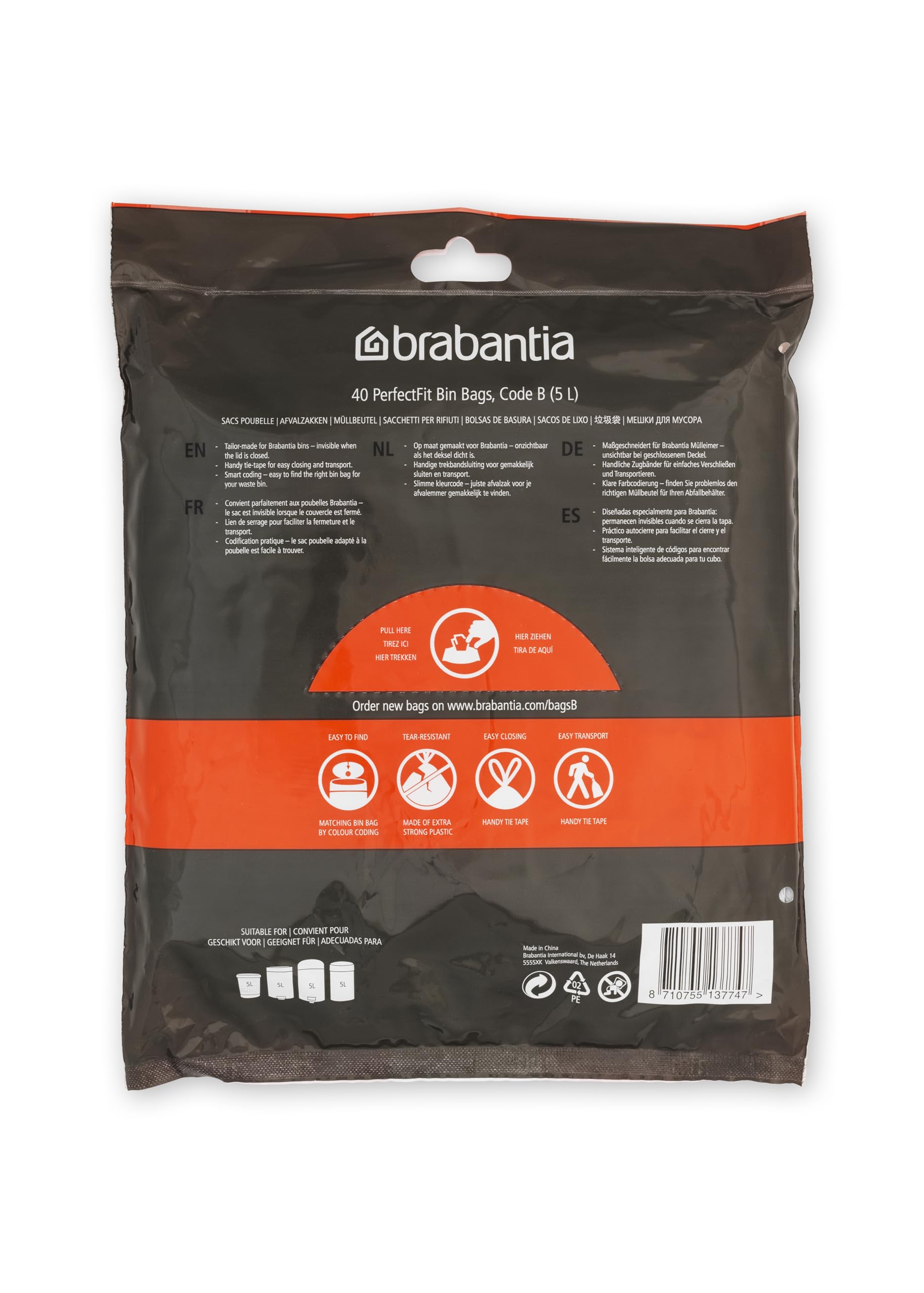 Brabantia PerfectFit Trash Bags - 40 Count J Size (5.3-6.6 Gallon) Heavy Duty Drawstring Trash Can Liners - Ideal for Kitchen, Bathroom & Office Waste Disposal