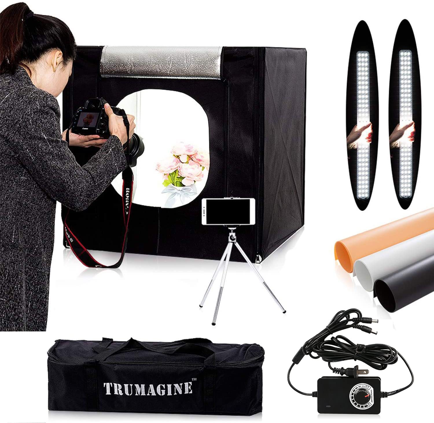 24x24x24 Inch Dimmable LED Photo Light Box - Portable Tabletop Photography Studio Kit with 3 PVC Backdrops & Mini Tripod | Perfect for Product Photography, Jewelry, Crafts & Ecommerce Listings (Includes Carry Bag)