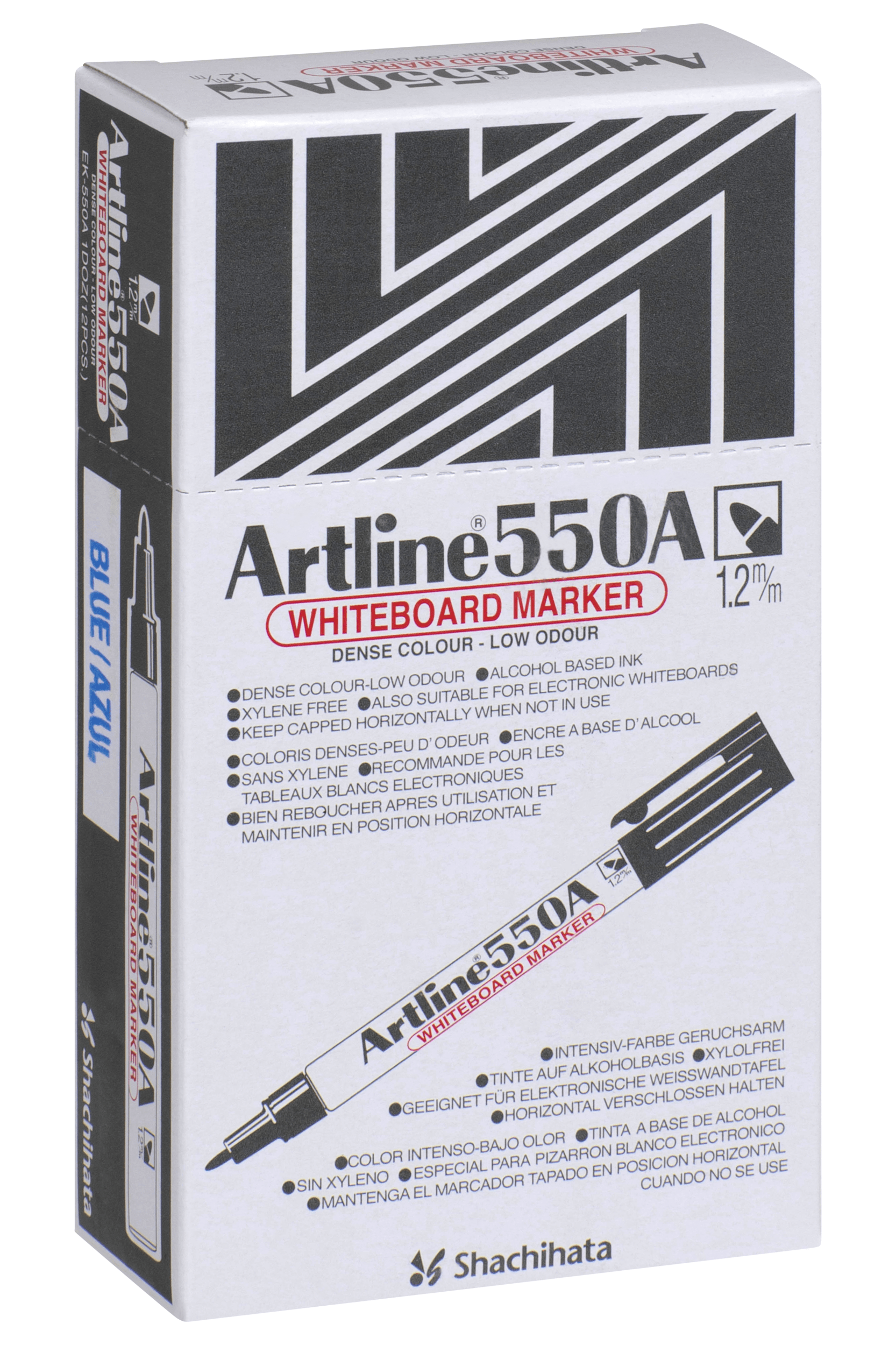 Artline 550A Whiteboard Markers - 1.2mm Bullet Tip, Blue Ink, Pack of 12 - Perfect for Office, Classroom & Home Use