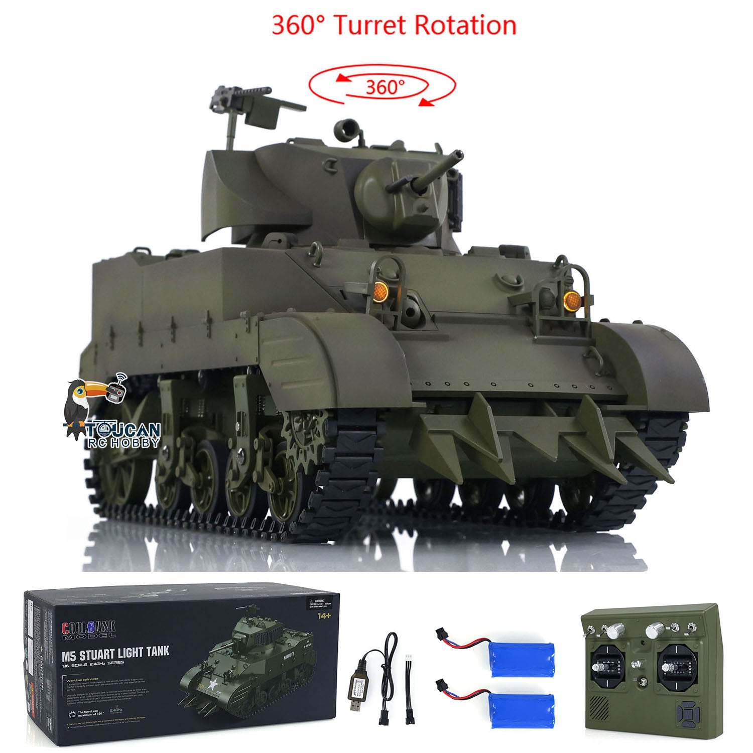 1/16 Scale US M5A1 Stuart VI RC Tank - Remote Control Ready-to-Run Light Tank with 360° Rotation, Smoke Effect, Barrel Recoil, LED Flash & Dual Battery System - Perfect for Military Enthusiasts & Battle Simulation Scenes