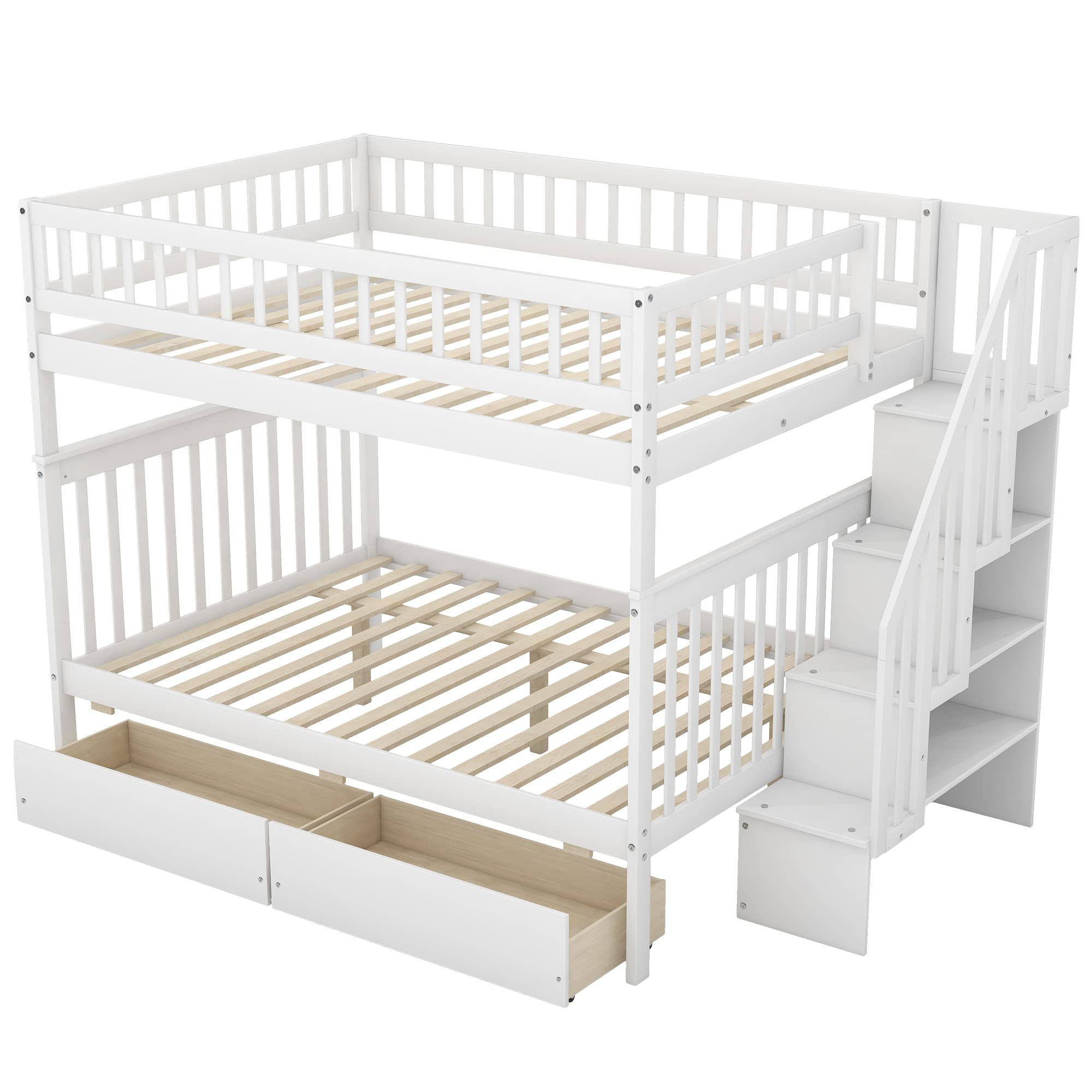 Harper & Bright Designs Full Over Full Bunk Bed with Stairs - Wooden Bunk Beds with 2 Drawers & Storage - Sturdy Twin Bunk Bed for Kids, Teens & Adults - White - Perfect for Small Rooms, Guest Rooms & Vacation Homes