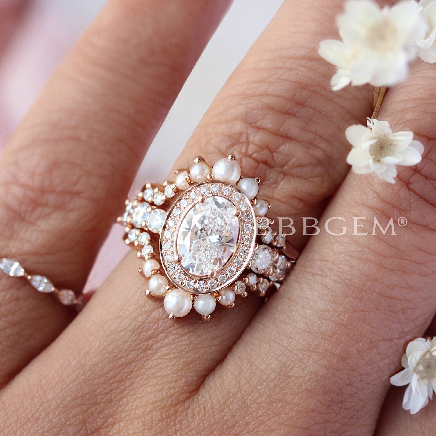 14K Yellow Gold Oval Cut Moissanite Halo Diamond Engagement Ring Set with Pearl Enhancer Band - Perfect for Wedding Proposals, Anniversaries & Bridal Jewelry
