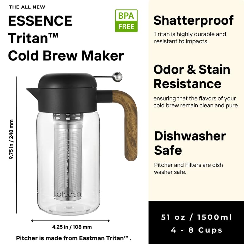 Premium Cold Brew Coffee Maker & Iced Tea Brewer - 1500ml/51oz Stainless Steel Dual Filter System with Airtight Tritan Pitcher (Black) - Perfect for Home, Office & Outdoor Use