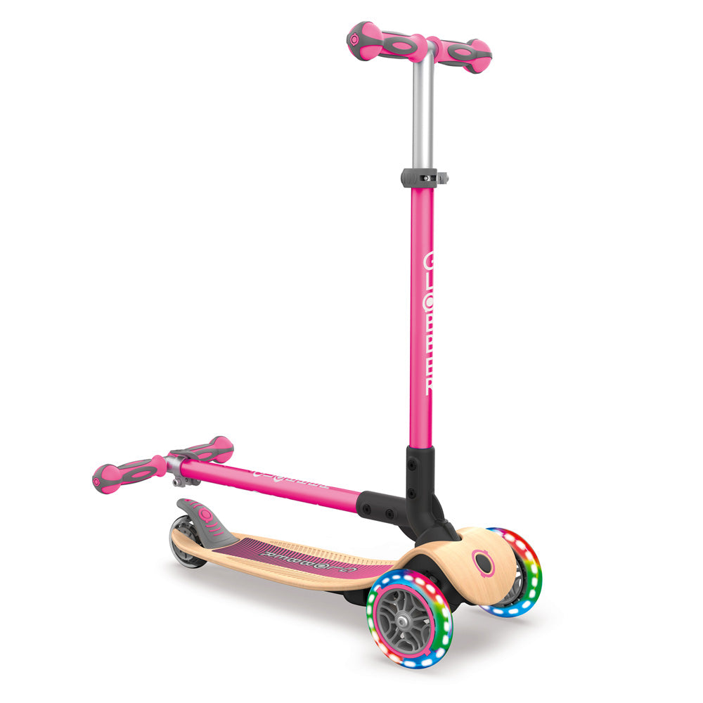 Globber 3 Wheel Primo Foldable Wooden Scooter with LED Lights - Perfect for Kids Outdoor Play, Commuting & Neighborhood Rides