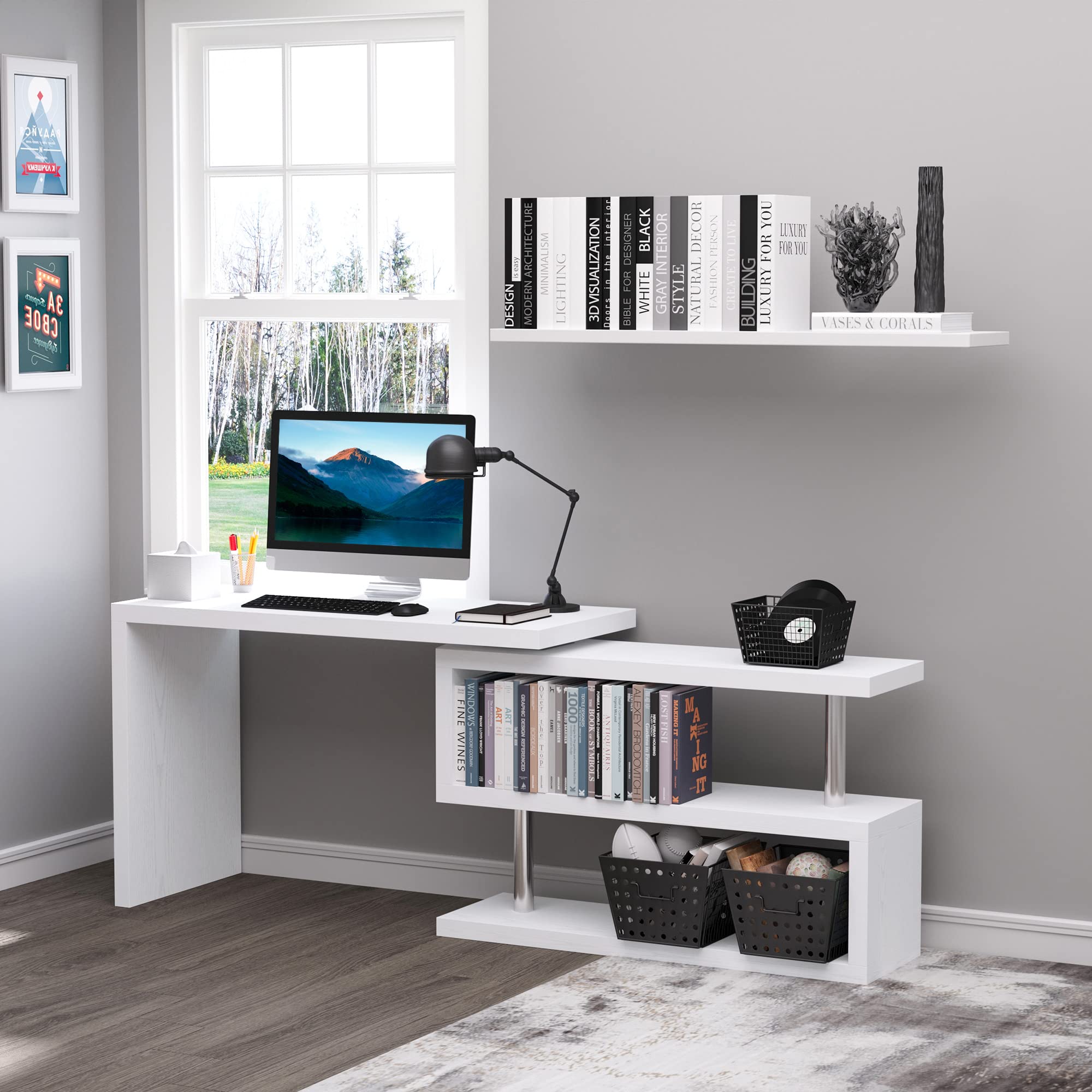 HOMCOM 360° Rotating L-Shaped Corner Computer Desk with 3-Tier Storage Shelves, White - Space-Saving Home Office Workstation for Small Spaces, Gaming & Study Setup