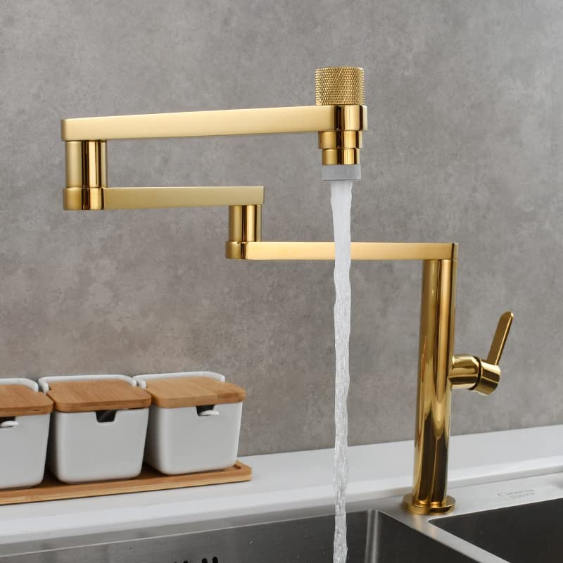 Solid Brass Deck Mounted Folding Faucet - Hot & Cold Water Mixing Double Switch Universal Rotary Kitchen Sink Faucet in Gold (3-Fold) - Perfect for Small Kitchens, RVs & Outdoor Sinks