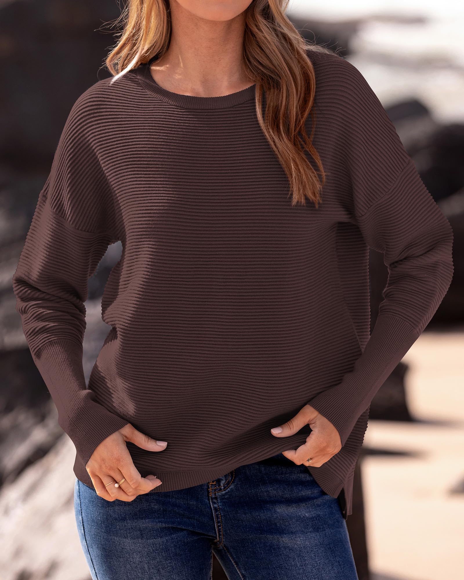 BTFBM Women's Casual Ribbed Knit Pullover Sweater - Long Sleeve Loose Crewneck Batwing Split Top for Fall 2025 | Perfect for Autumn Layering, Office Wear & Weekend Outfits