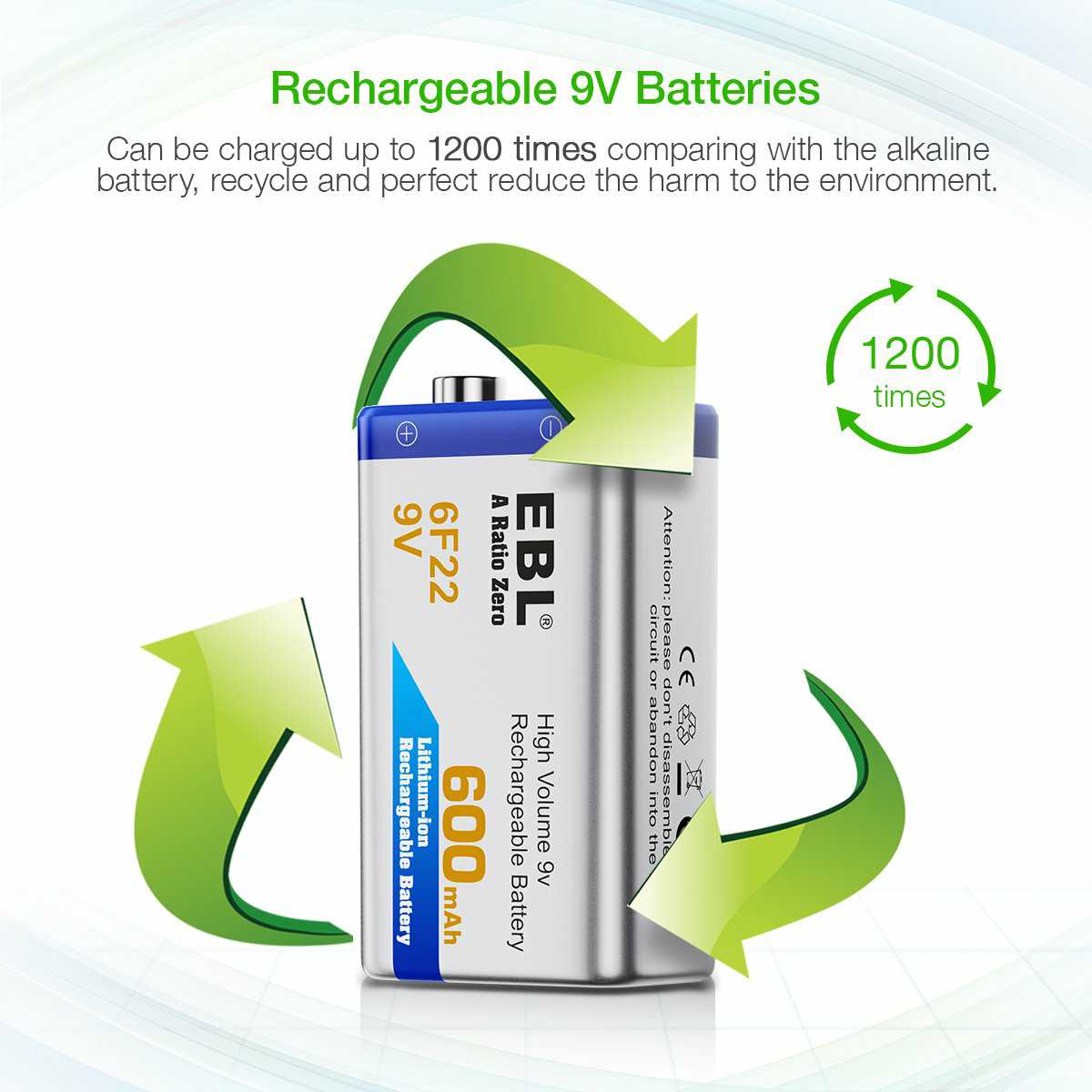 EBL 9V Lithium Ion Rechargeable Battery 600mAh - Long Lasting Power for Smoke Detectors, Guitar Pedals & Electronic Devices