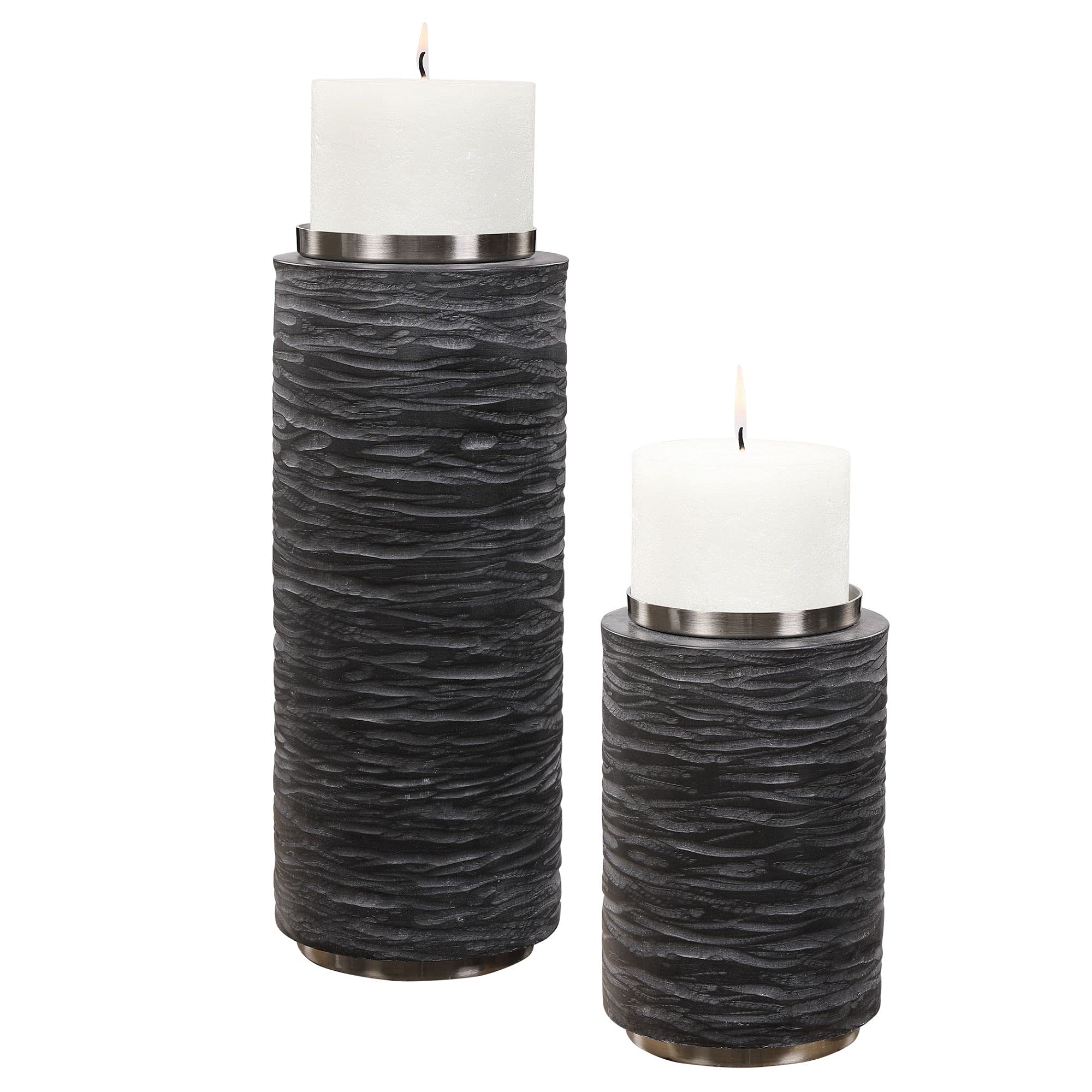 Set of 2 Modern Gray Pillar Candle Holders - 13 Inch Tall - Elegant Home Decor for Dining Table, Mantel, or Wedding Centerpiece
