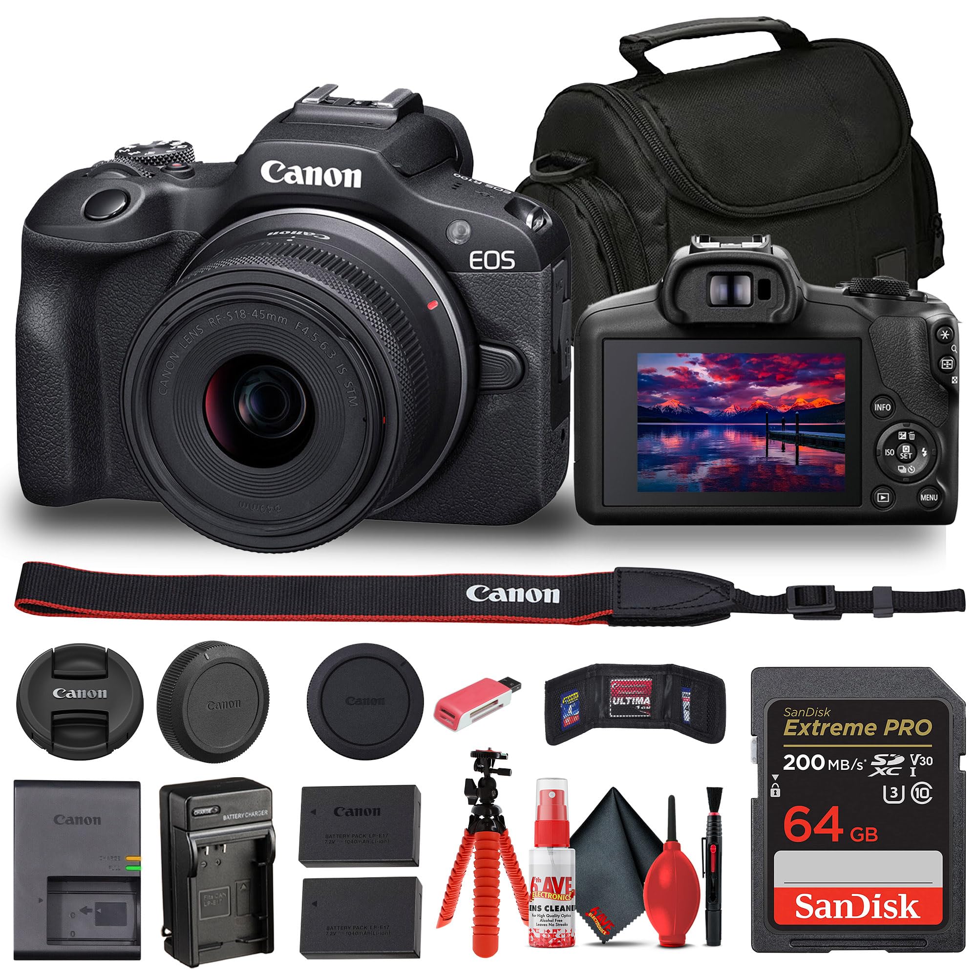 Canon EOS R100 Mirrorless Digital Camera with RF-S 18-45mm Lens Kit | Includes Camera Bag, 64GB SD Card, Extra Battery, Charger, Tripod & Cleaning Kit | Perfect for Travel Photography, Vlogging & Content Creation