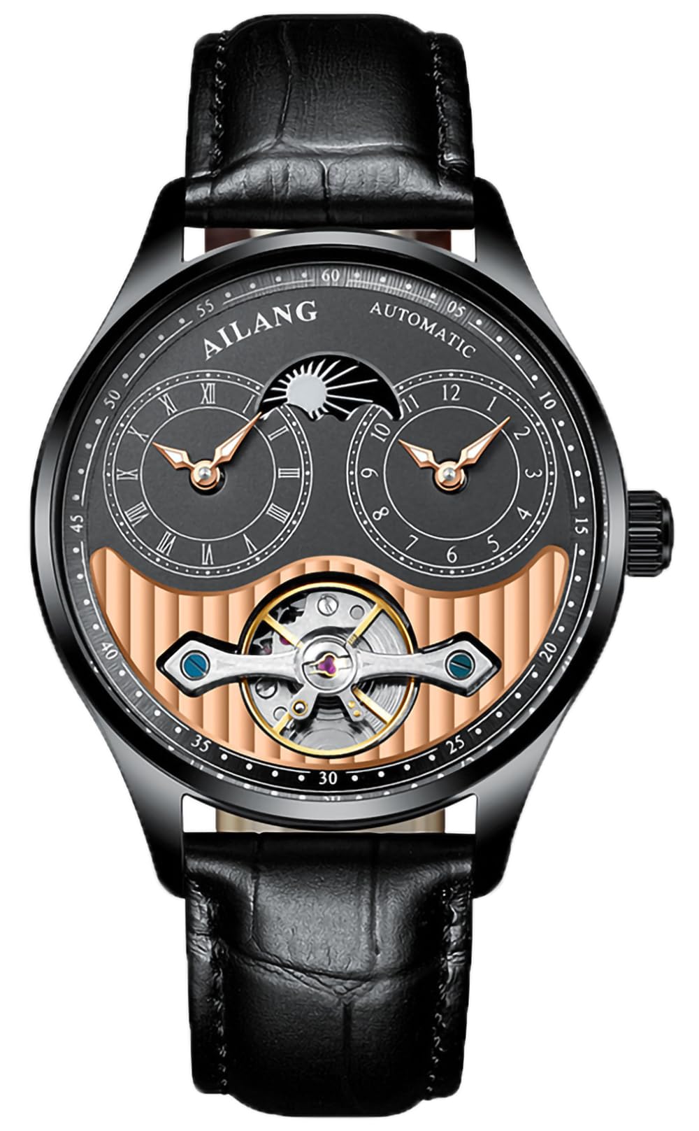 Ailang Men's Automatic Watch with Dual Time & Moon Phase - Stylish Clown Design for Business, Travel & Formal Occasions