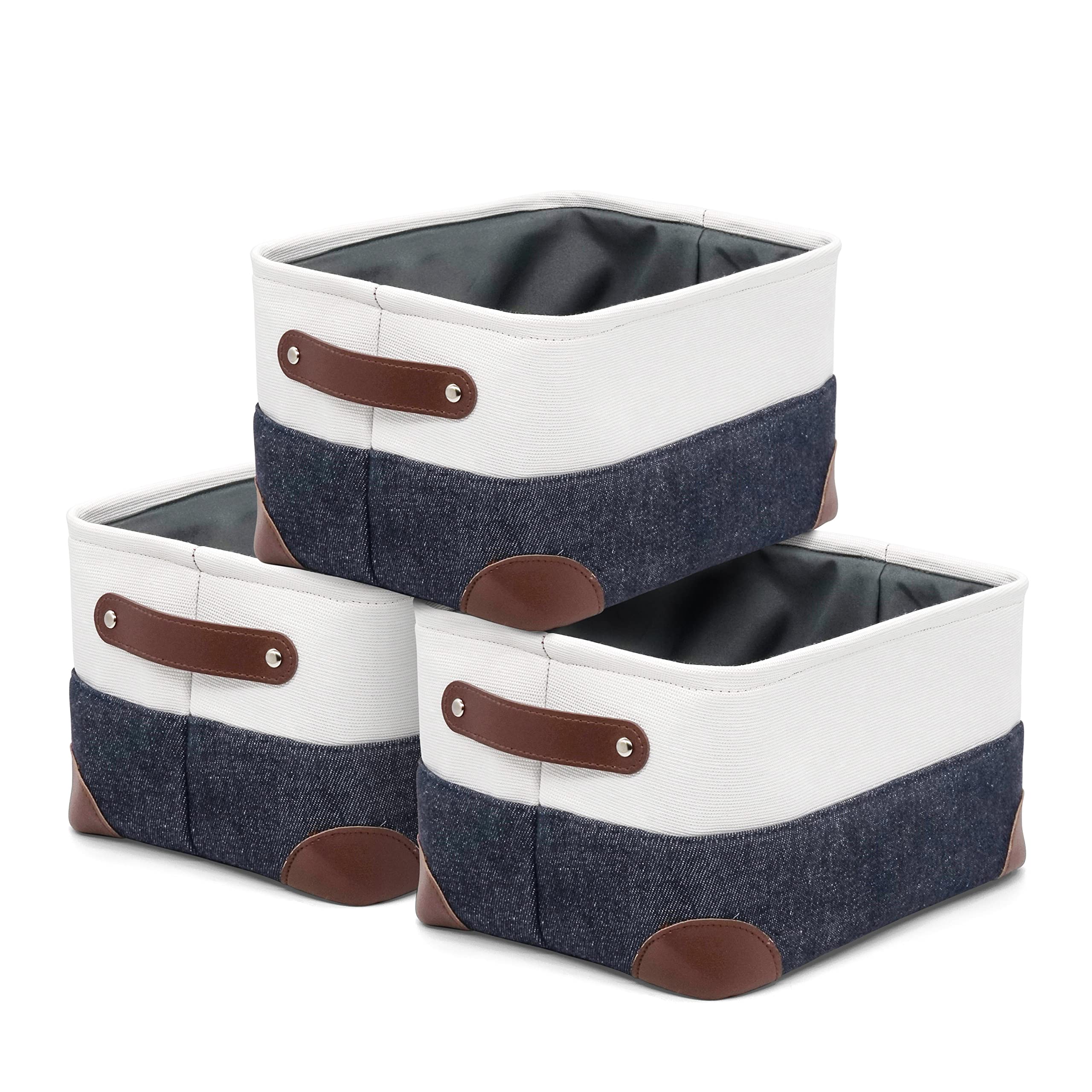 HZZTY BRNY Foldable Fabric Storage Bins with PU Leather Handles - 3 Pack Small Rectangular Organizer Baskets for Shelves (11x8x6.3 Inches) - Perfect for Nursery, Home Closet, Office & Cube Storage Organization