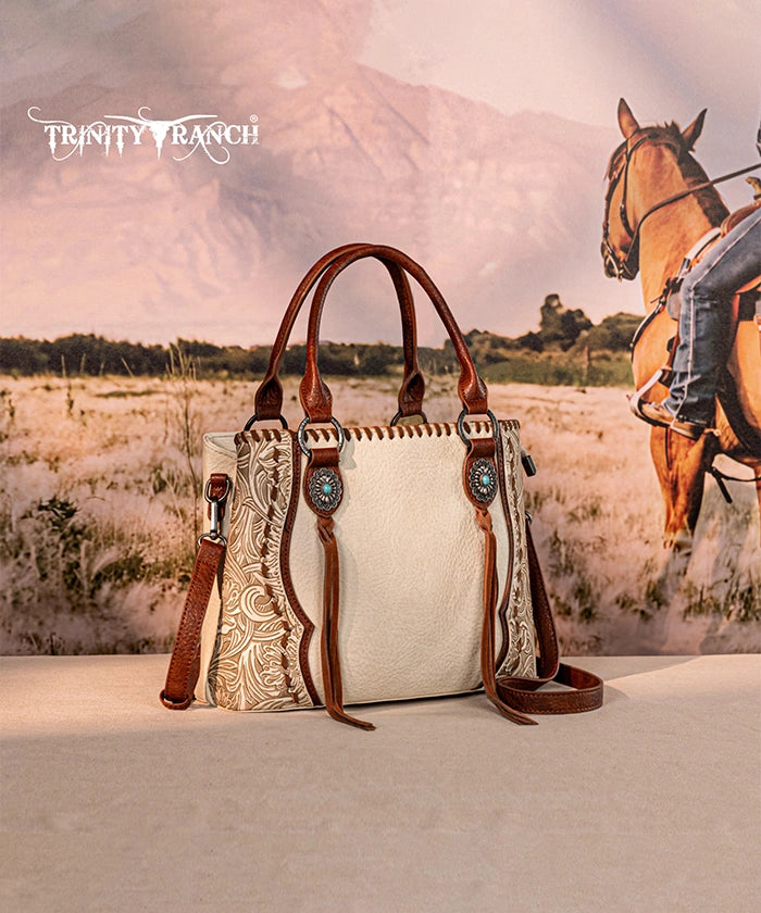 Trinity Ranch Floral Tooled Concho Tote Bag Set - Western Style Leather Handbag for Women - Perfect for Cowgirl Fashion, Rodeo Events & Country Outfits