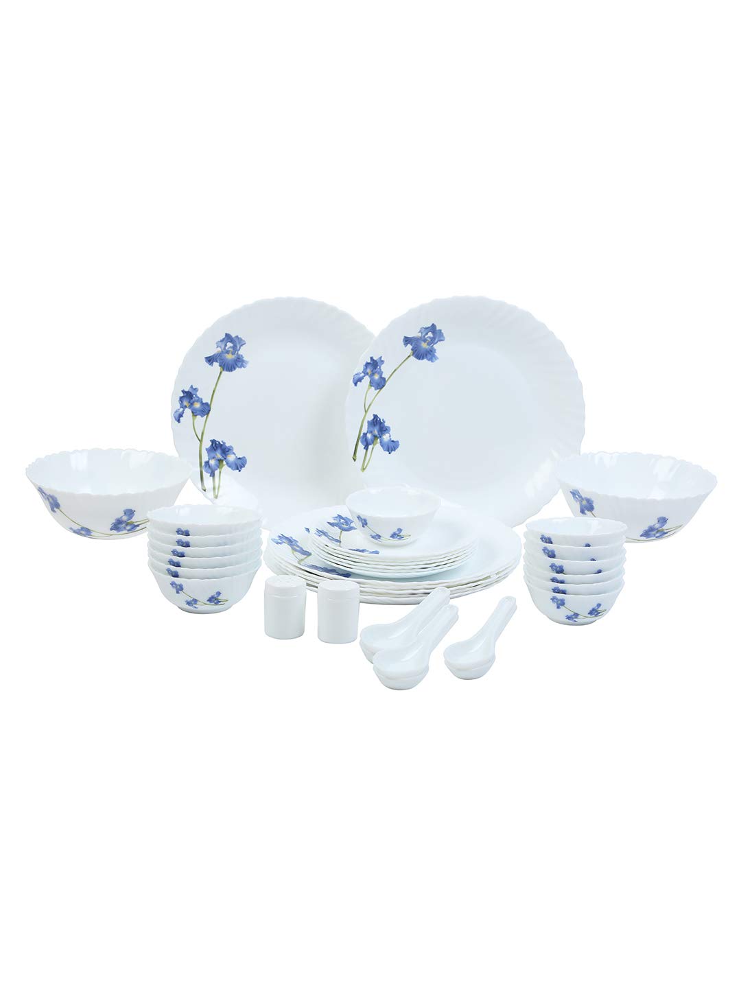 Opal Glass Dinner Set for 6 - 35 Piece Blue Orchids Crockery Set with Plates & Bowls | Microwave Safe, Durable & Lightweight White Tableware | Perfect for Family Dining, Entertaining Guests & Restaurant Use